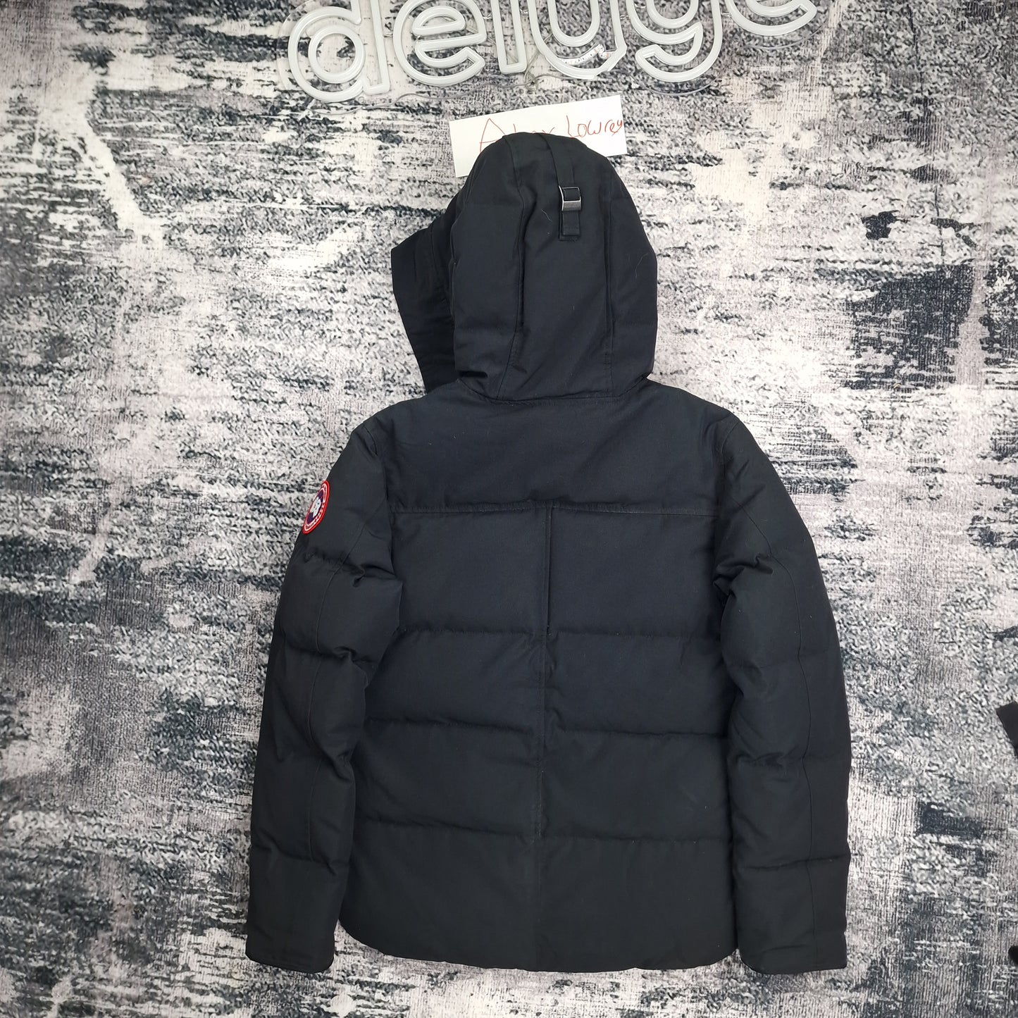 Back view of authentic Canada Goose Macmillan Parka 3804MA in black, size small for men, showing quilted down-filled design and adjustable hood