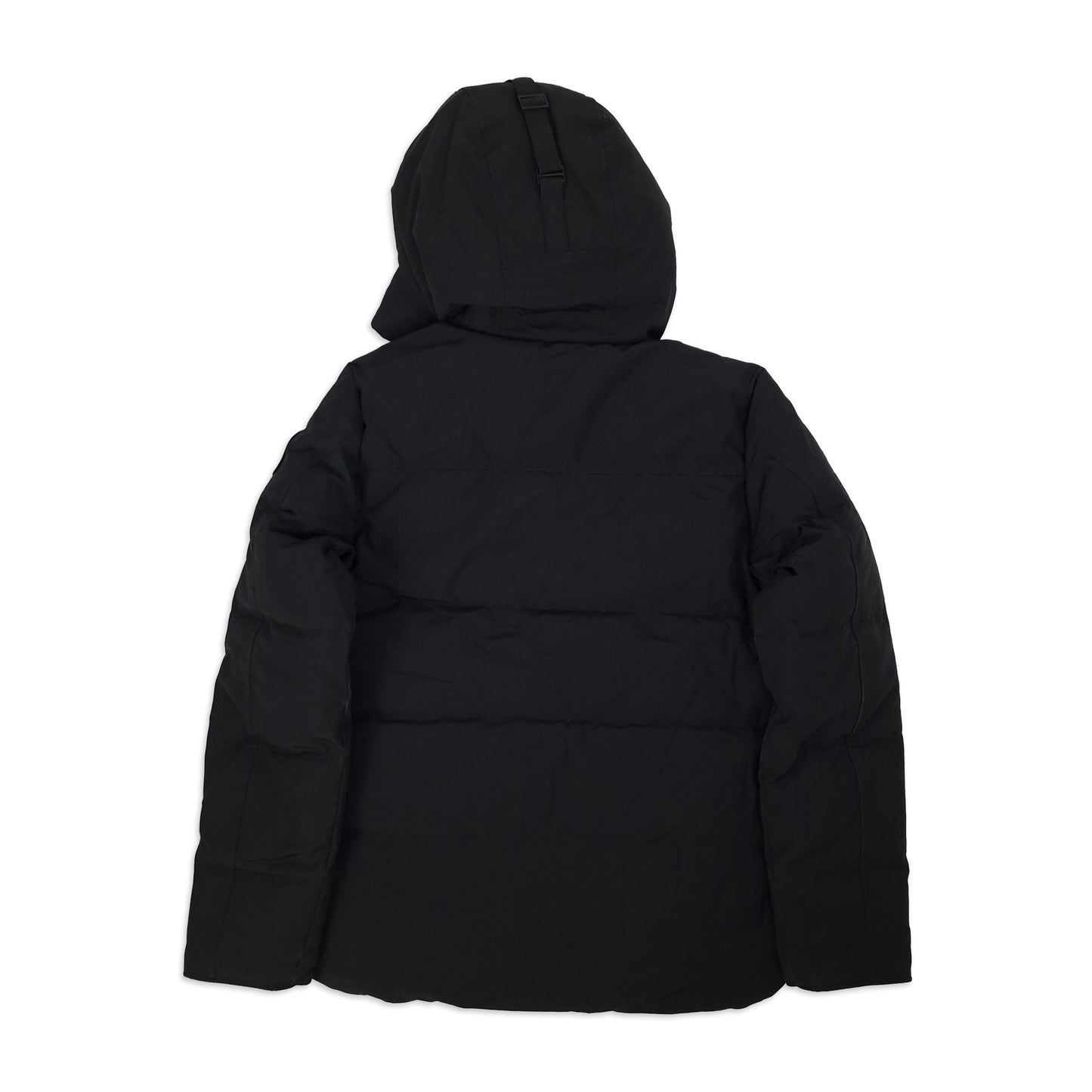 Rear view of Canada Goose Macmillan Black Label jacket 2080MB, men's small in black, displaying raised hood and quilted down-filled back panels