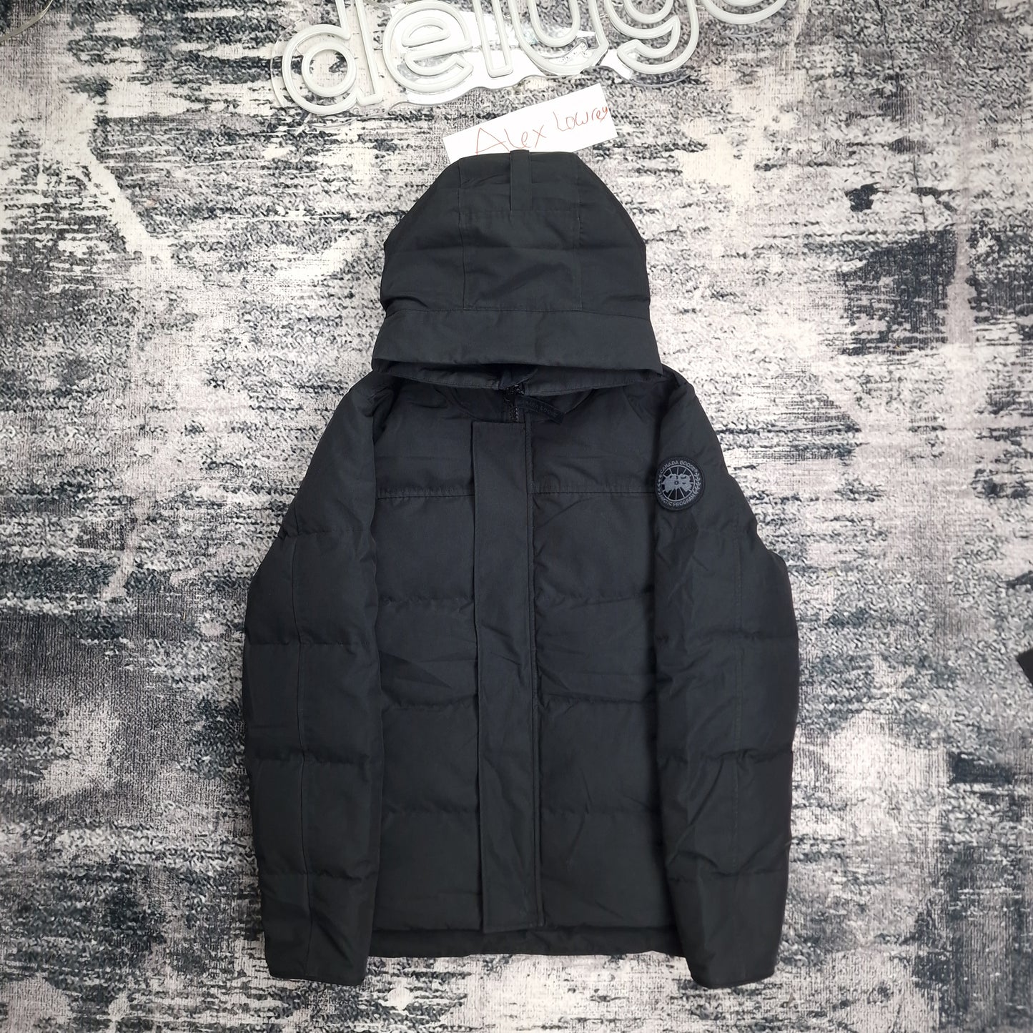Canada Goose Macmillan Black Label parka 2080MB men's small, showcasing front zipper closure, hood detail, and exclusive Black Label badge in monochromatic design