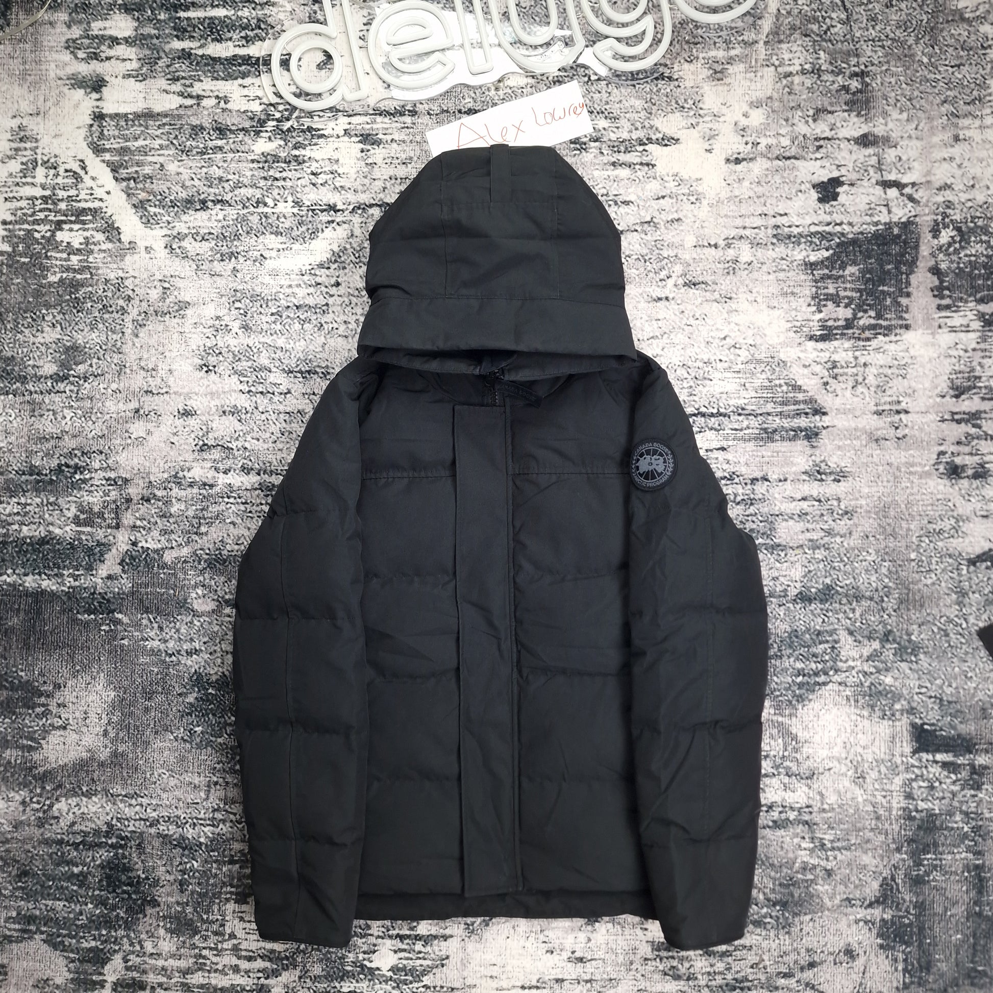 Canada Goose Macmillan Black Label parka 2080MB men's small, showcasing front zipper closure, hood detail, and exclusive Black Label badge in monochromatic design