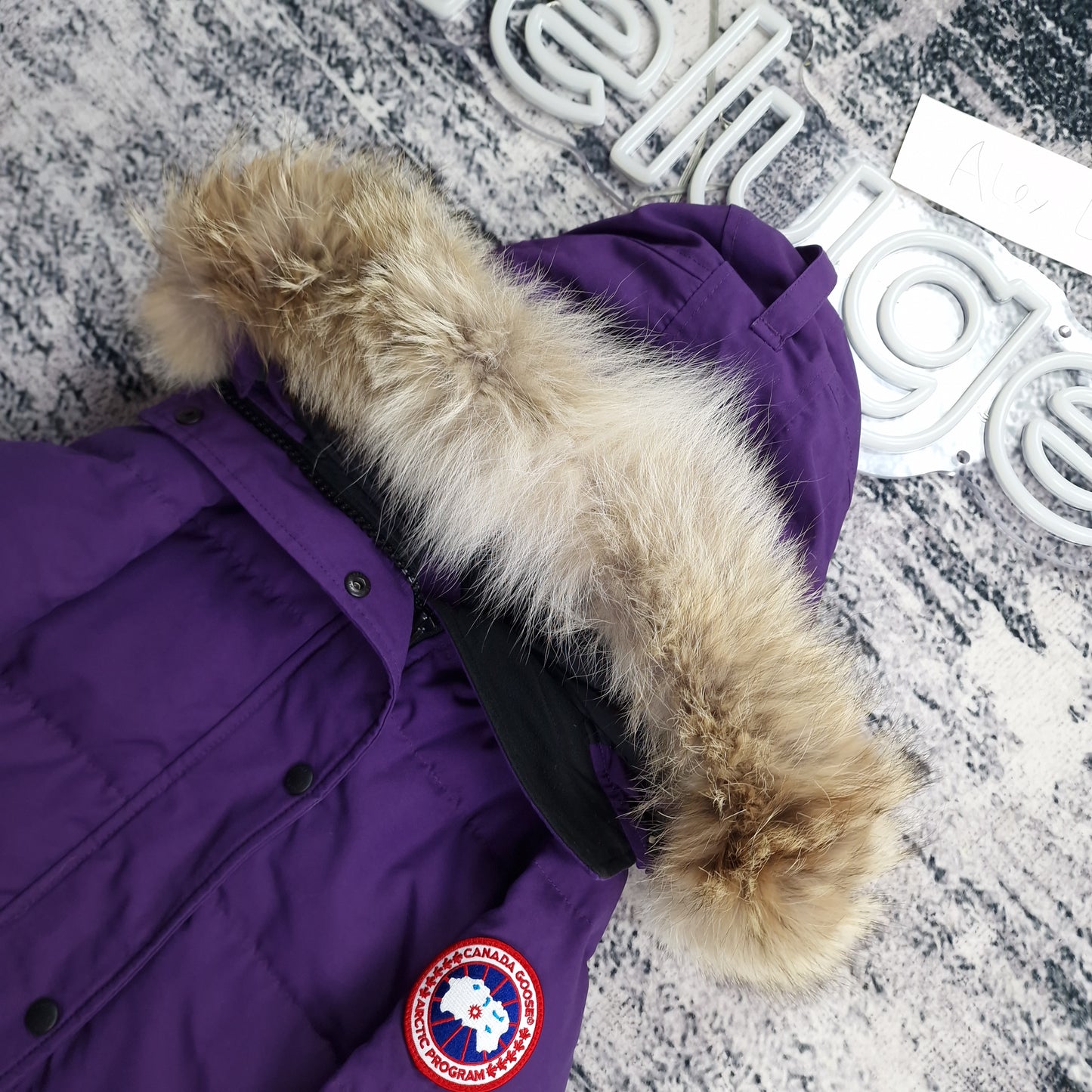 Close-up side view of Canada Goose Shelburne Parka showing authentic coyote fur hood trim and iconic Canada Goose Arctic Program badge detail, Purple Arctic Disk colorway 3802L