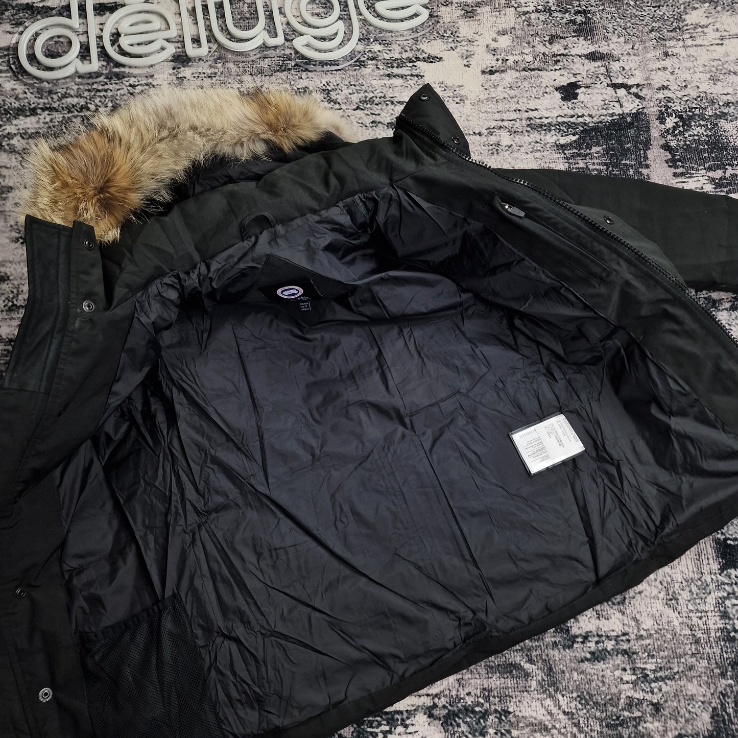 Interior lining view of Canada Goose Wyndham Parka 3808MA XS showing inside pockets and quality construction, men's black luxury winter coat