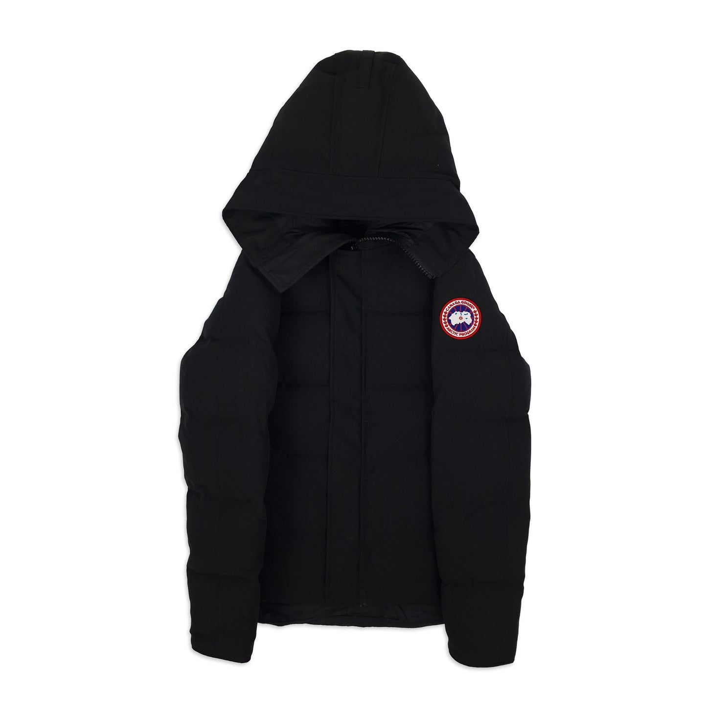 Front angle view of men's Canada Goose Macmillan Parka 3804MA in black, size small, showcasing premium down insulation and weather-resistant exterior