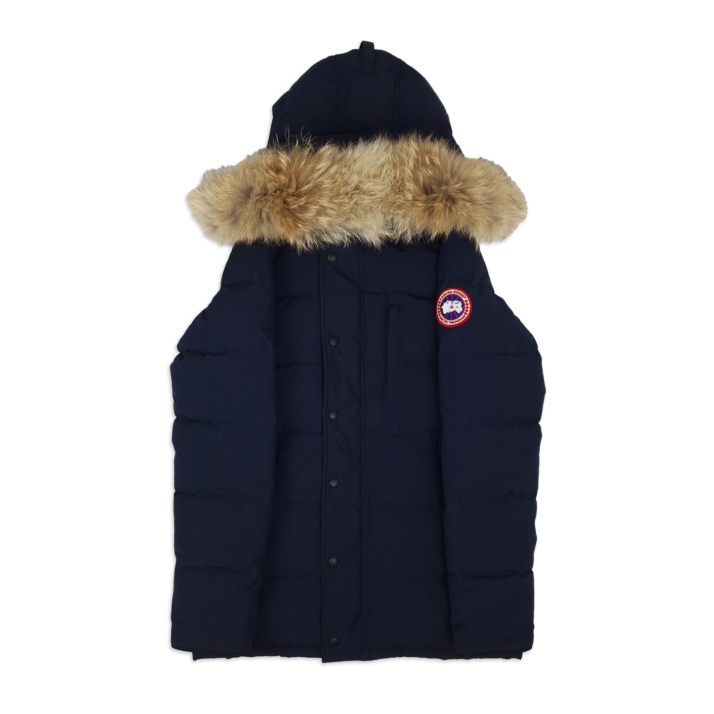 Front view of Canada Goose Carson Parka 3805MA men's medium featuring coyote fur hood, Arctic badge, and Heritage Admiral Blue color