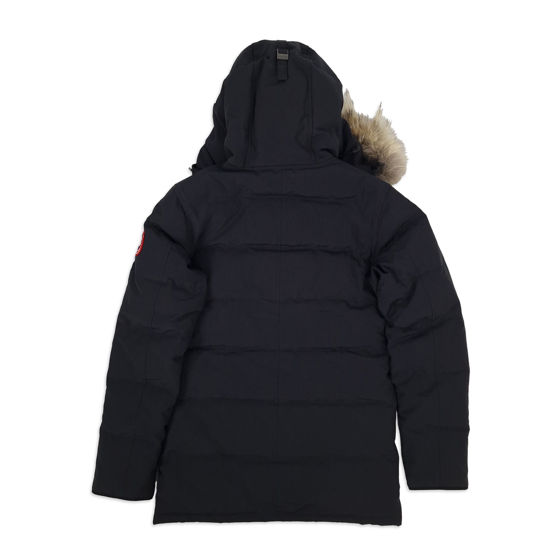 Back view of Canada Goose Carson Parka 3805MA men's small in Heritage Navy with fur-trimmed hood and thigh-length design