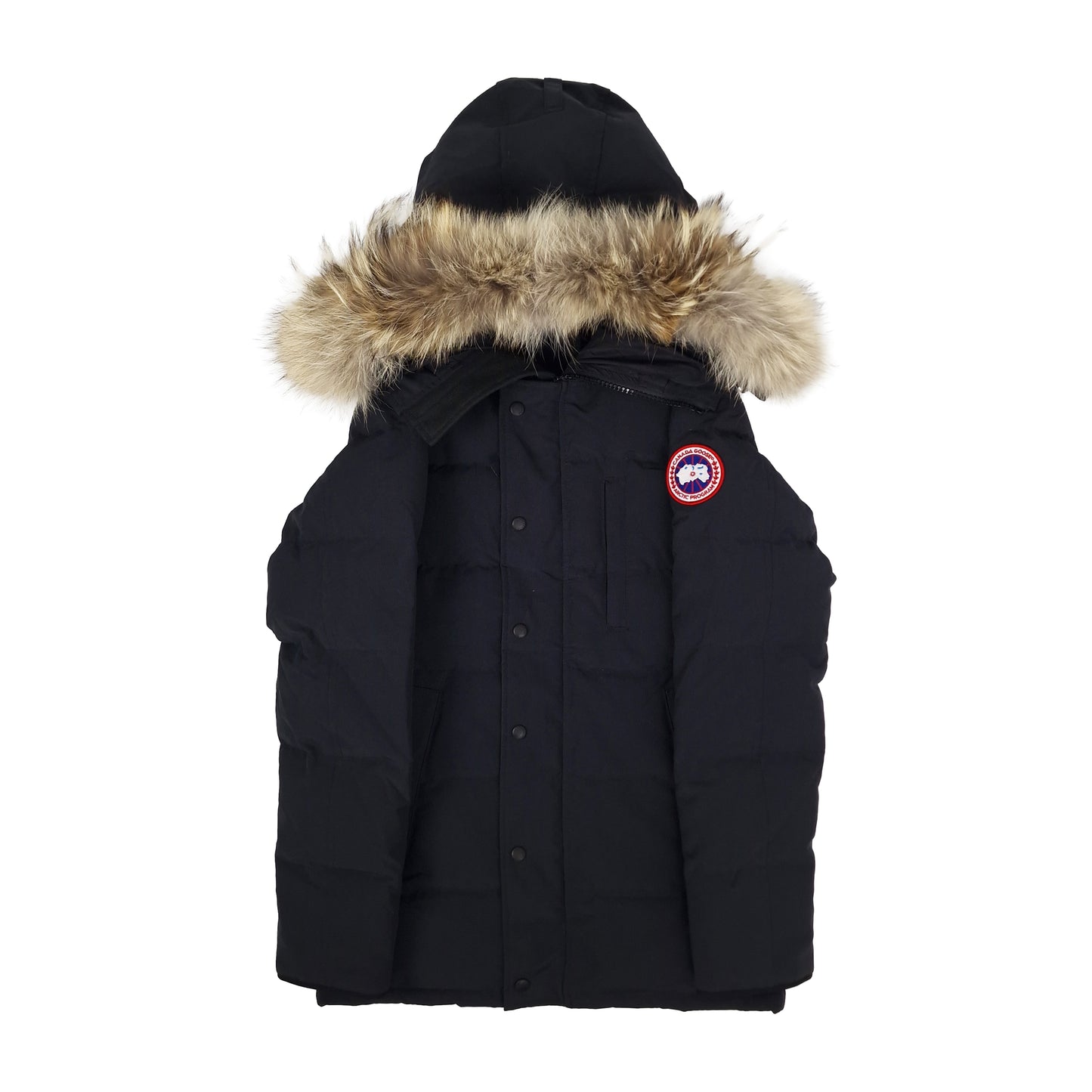 Front view of Canada Goose Carson Parka 3805MA men's small in Heritage Navy with fur hood and button closure