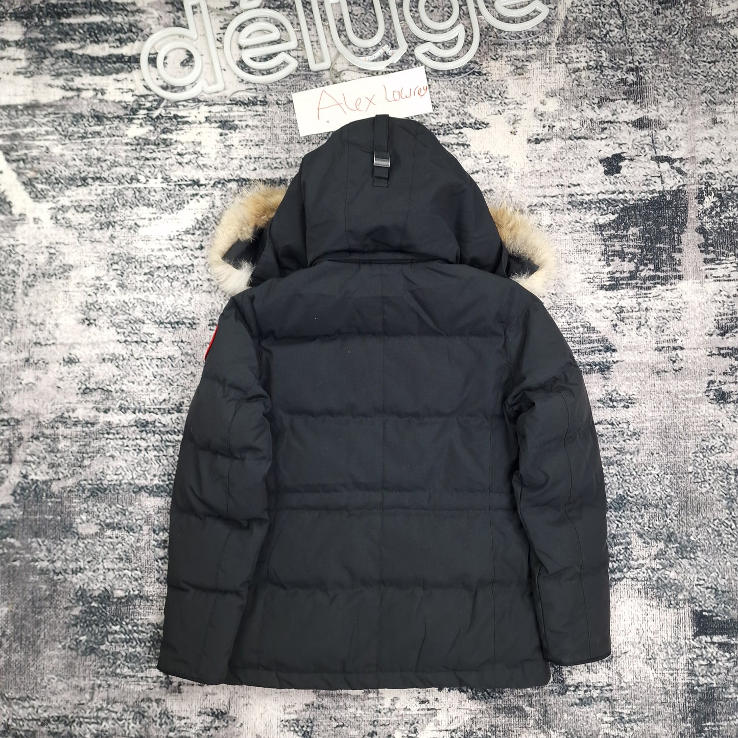 Back flat lay of Canada Goose Chelsea Parka 3804LA women's small in Heritage Black with coyote fur-trimmed hood