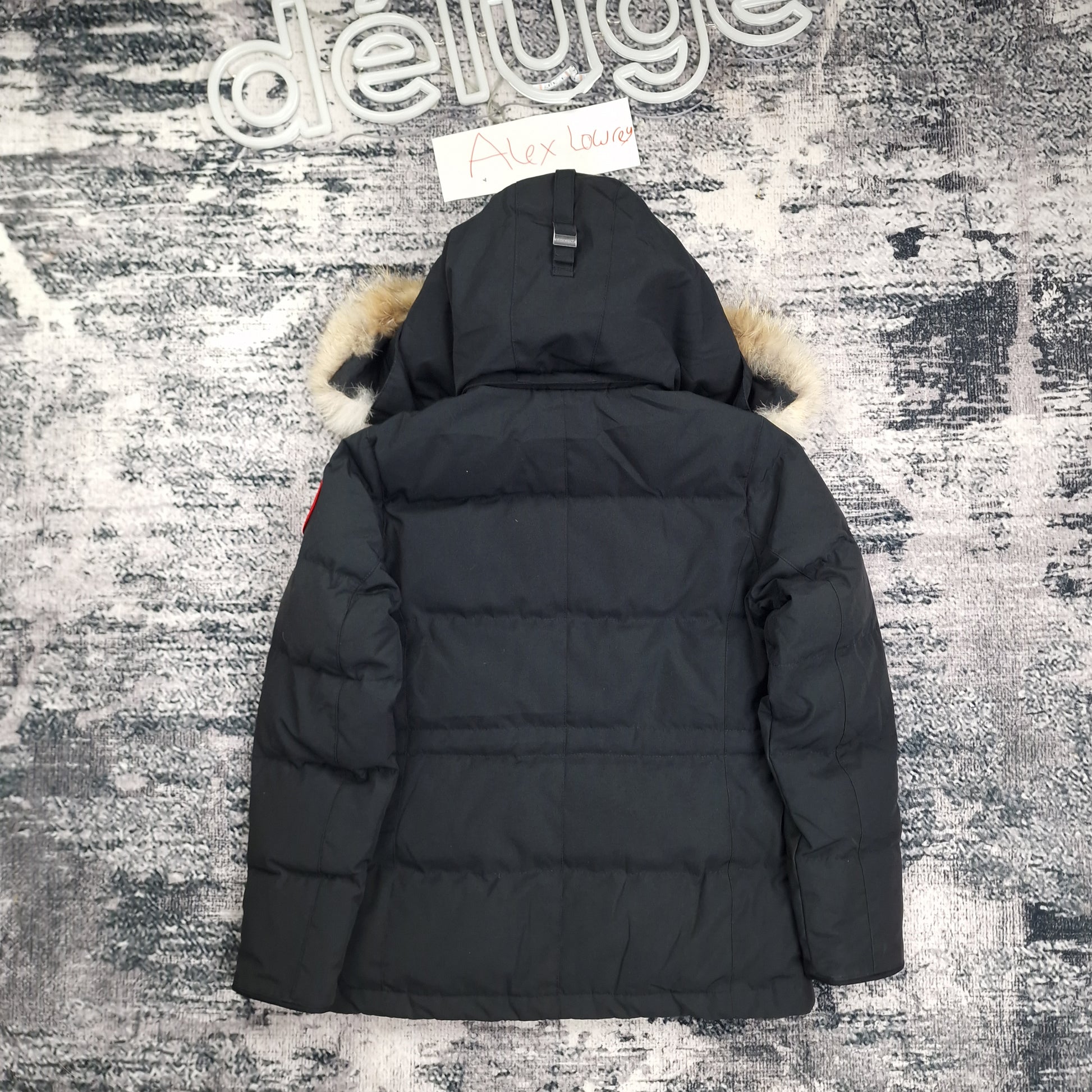 Back flat lay of Canada Goose Chelsea Parka 3804LA women's small in Heritage Black with coyote fur-trimmed hood