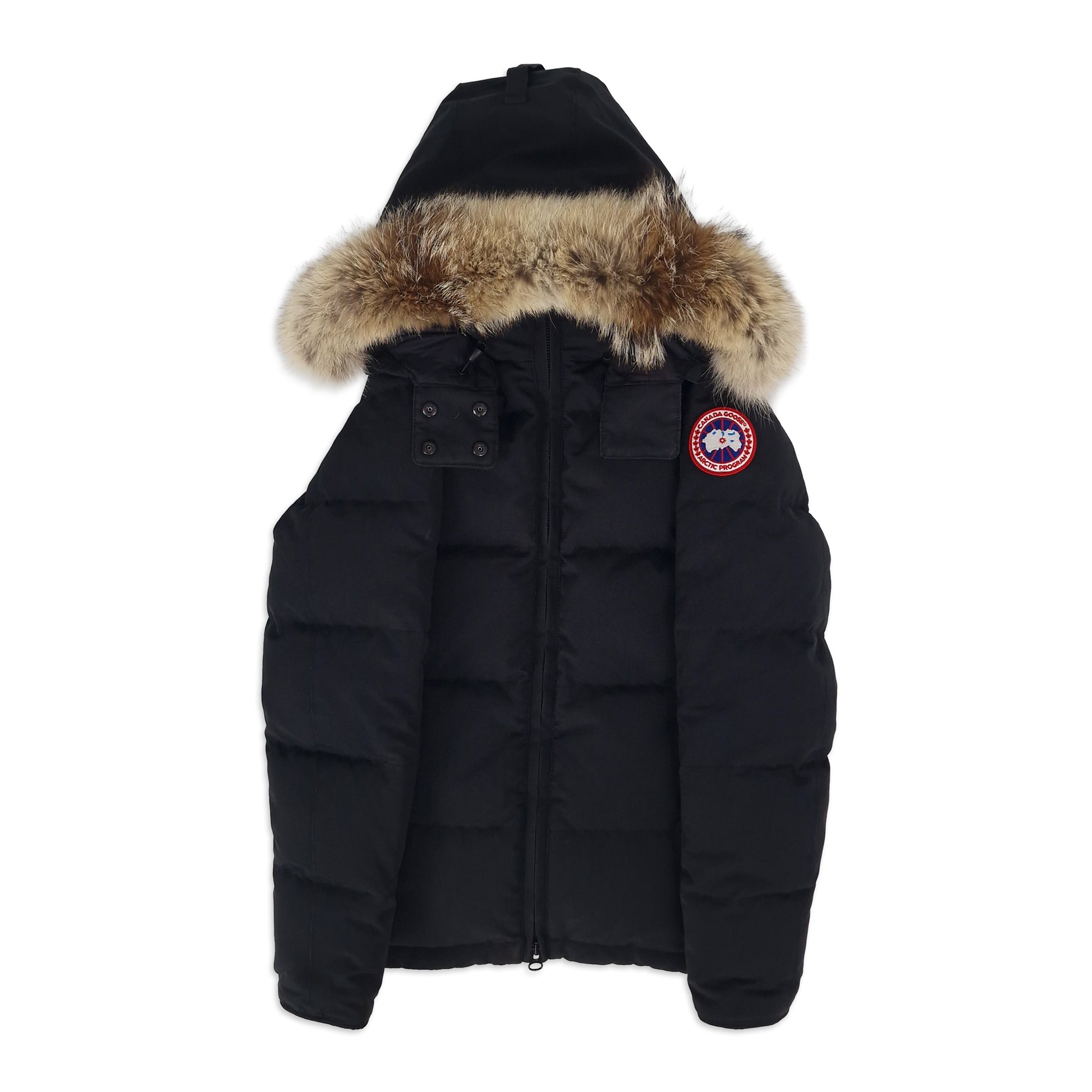 Front view of black Canada Goose Chelsea Parka 3804L women's size small featuring coyote fur hood, Arctic badge, and mid-length cut