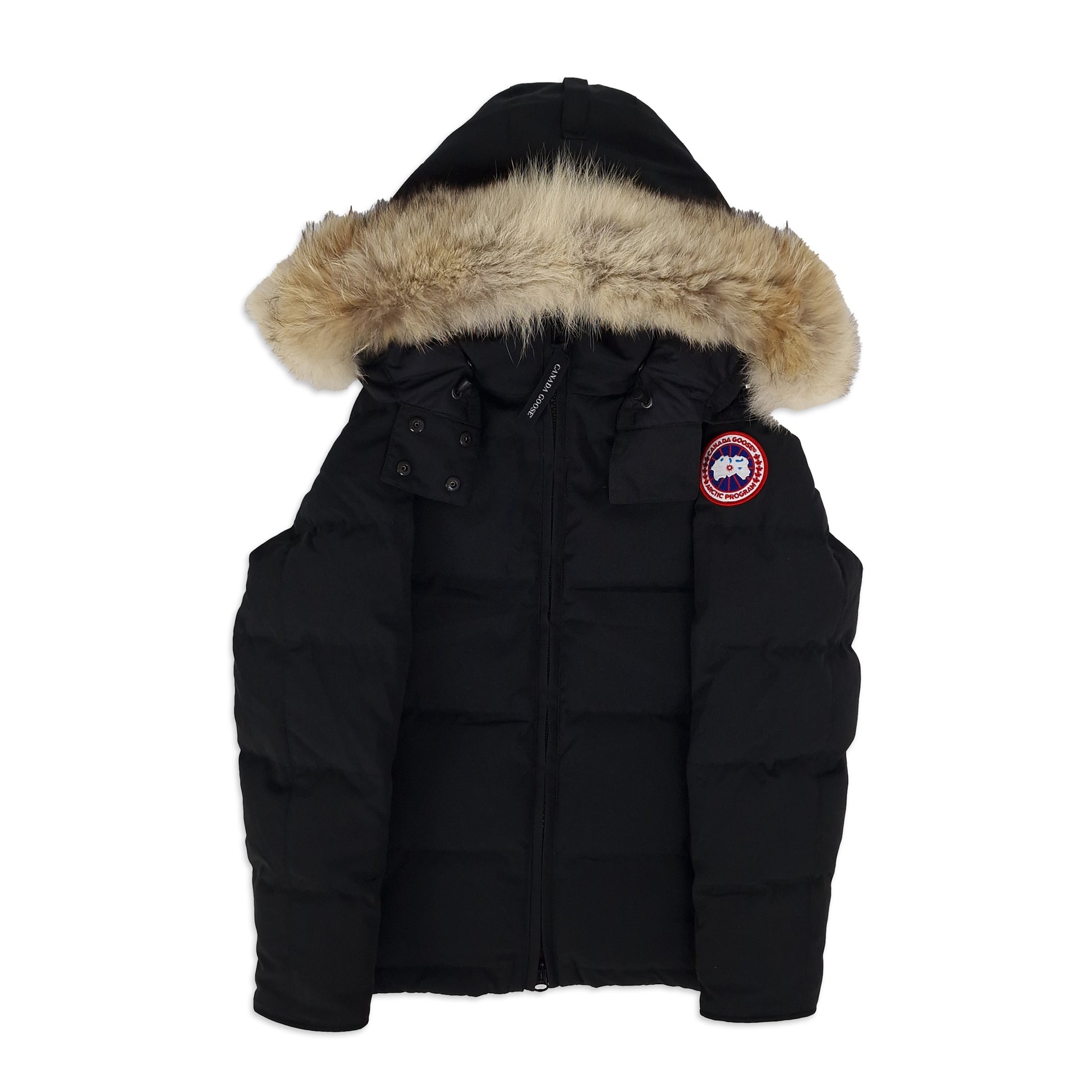 Front view of Canada Goose Chelsea Parka 3804LA women's small in Heritage Black with fur hood and Arctic Program badge