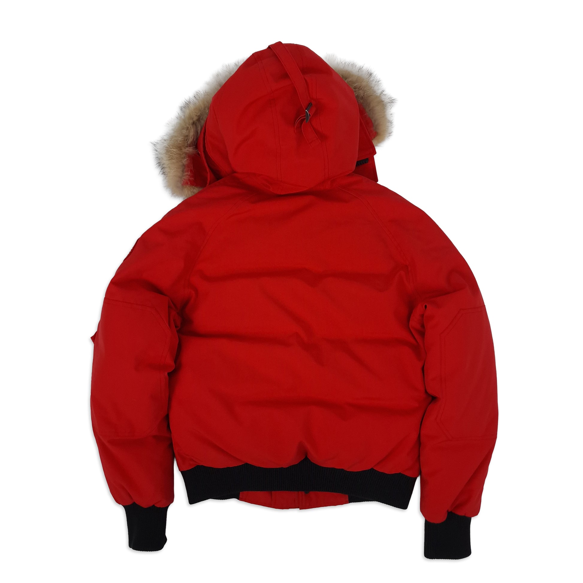Back view of red Canada Goose Chilliwack bomber jacket size small showing coyote fur trim hood and black ribbed hem