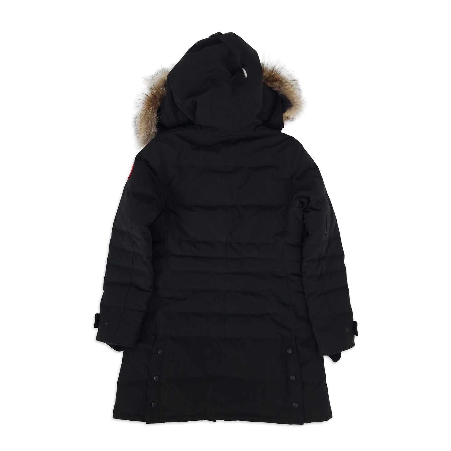 Back view of black Canada Goose Lorette Parka women's size medium showing coyote fur-trimmed hood and knee-length silhouette