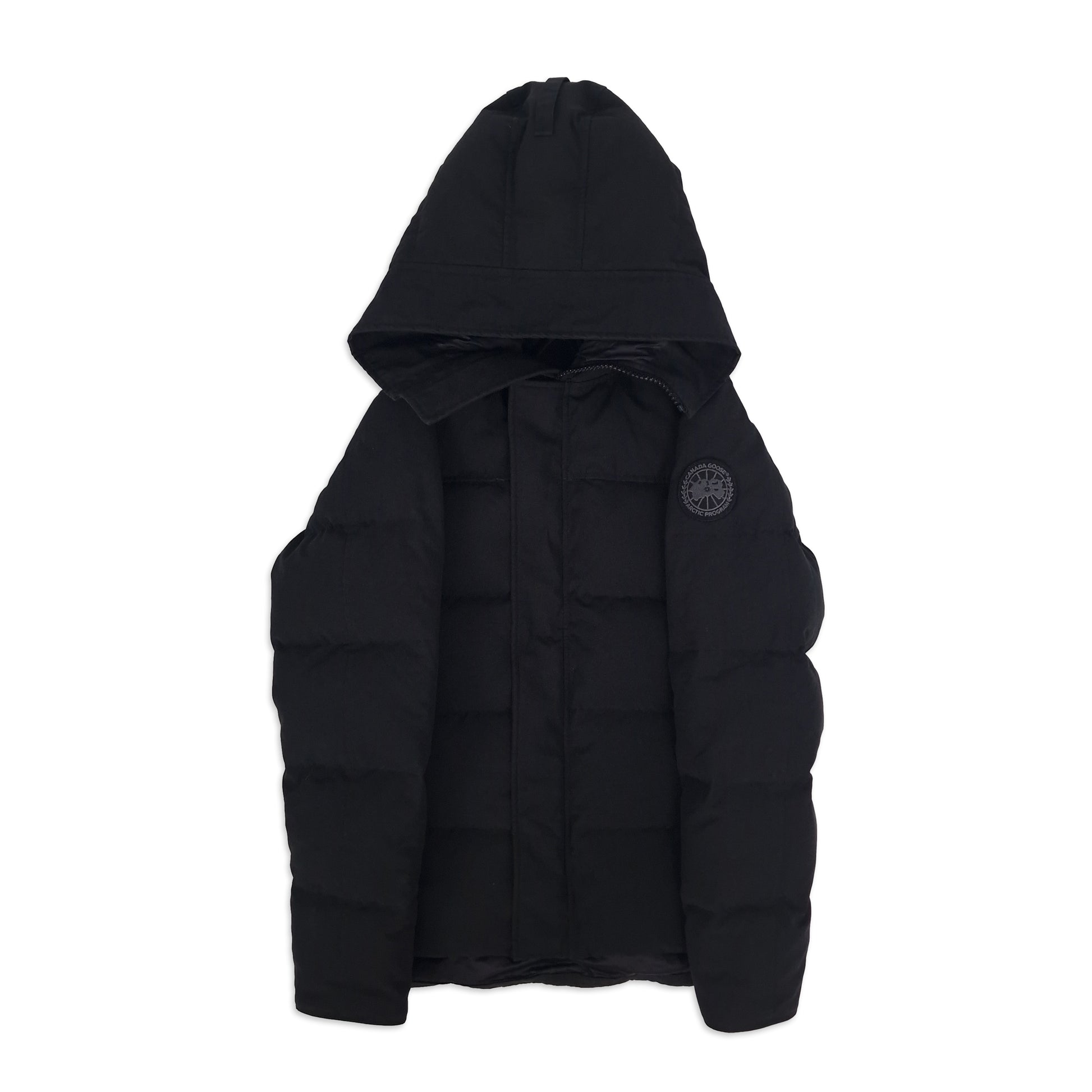 Front product photo of Canada Goose Macmillan Black Label Parka men's medium in black with tonal Arctic badge and premium finish