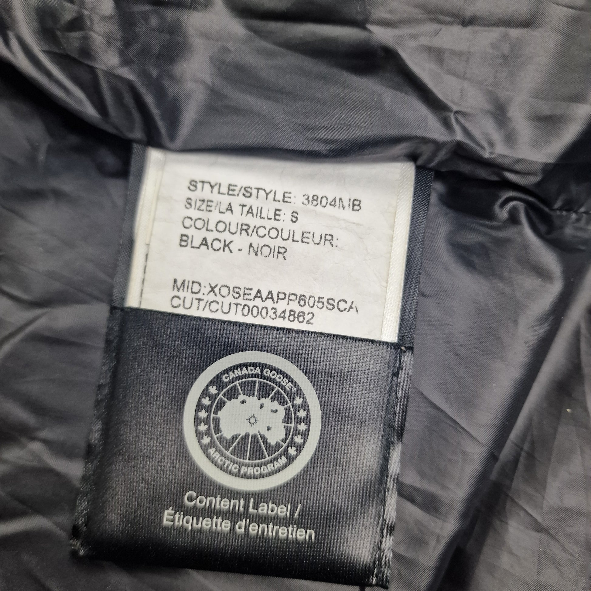 Style tag detail of Canada Goose Macmillan Black Label Parka 3804MB showing black color and size small specifications