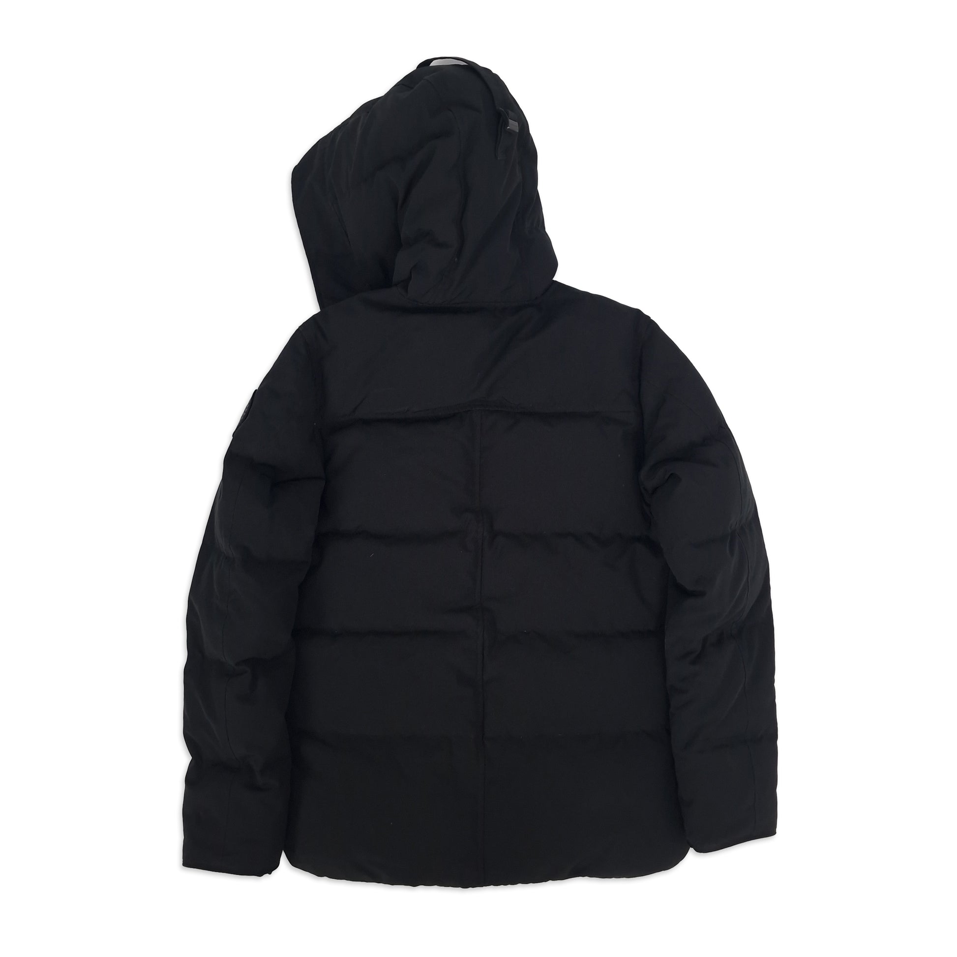 Rear view of Canada Goose Macmillan Black Label Parka men's medium in black displaying premium quilted design and hood detail