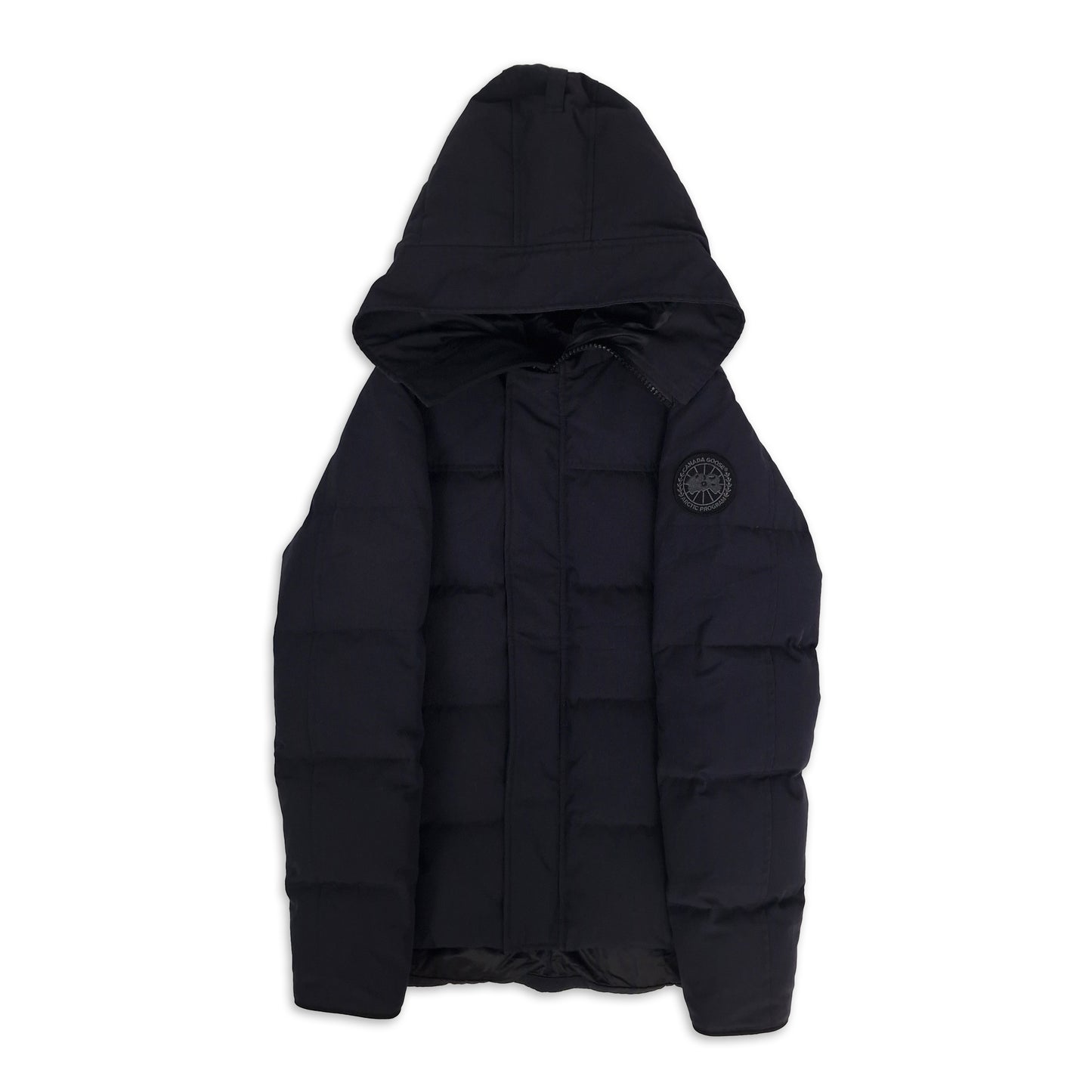 Canada Goose Macmillan Black Label Parka Navy XS men's front view at DelugeStore. Premium down-filled luxury winter jacket with sleek black badge detail. Authentic Arctic-rated outerwear. Shop now.