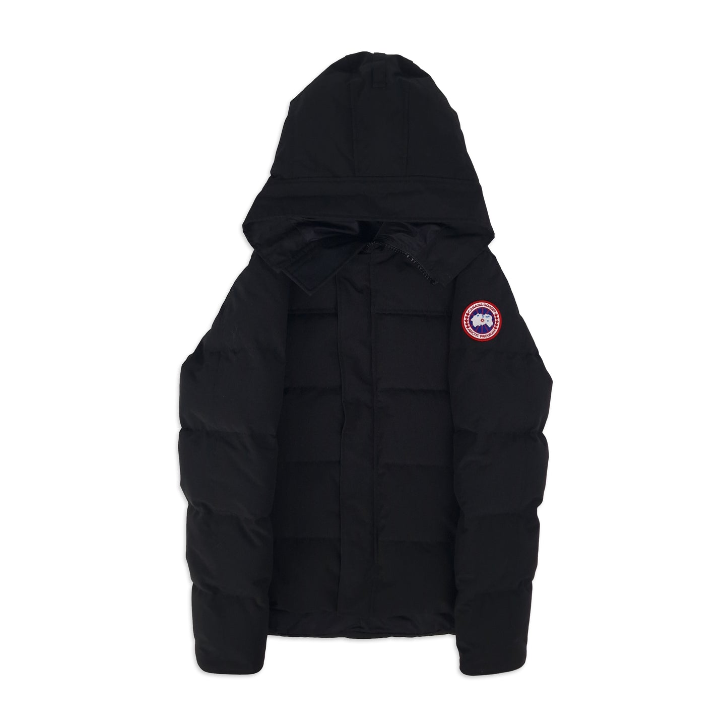 Front view of Canada Goose Macmillan Parka men's large in black featuring hood, Arctic badge, and premium quilted design