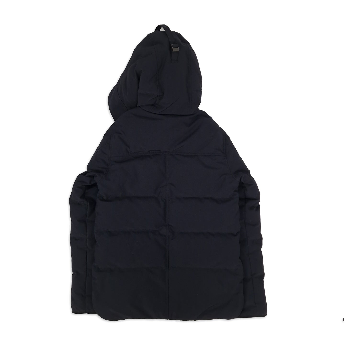 Back view of navy Canada Goose Macmillan Parka men's XS displaying quilted channels and hood detail on white background