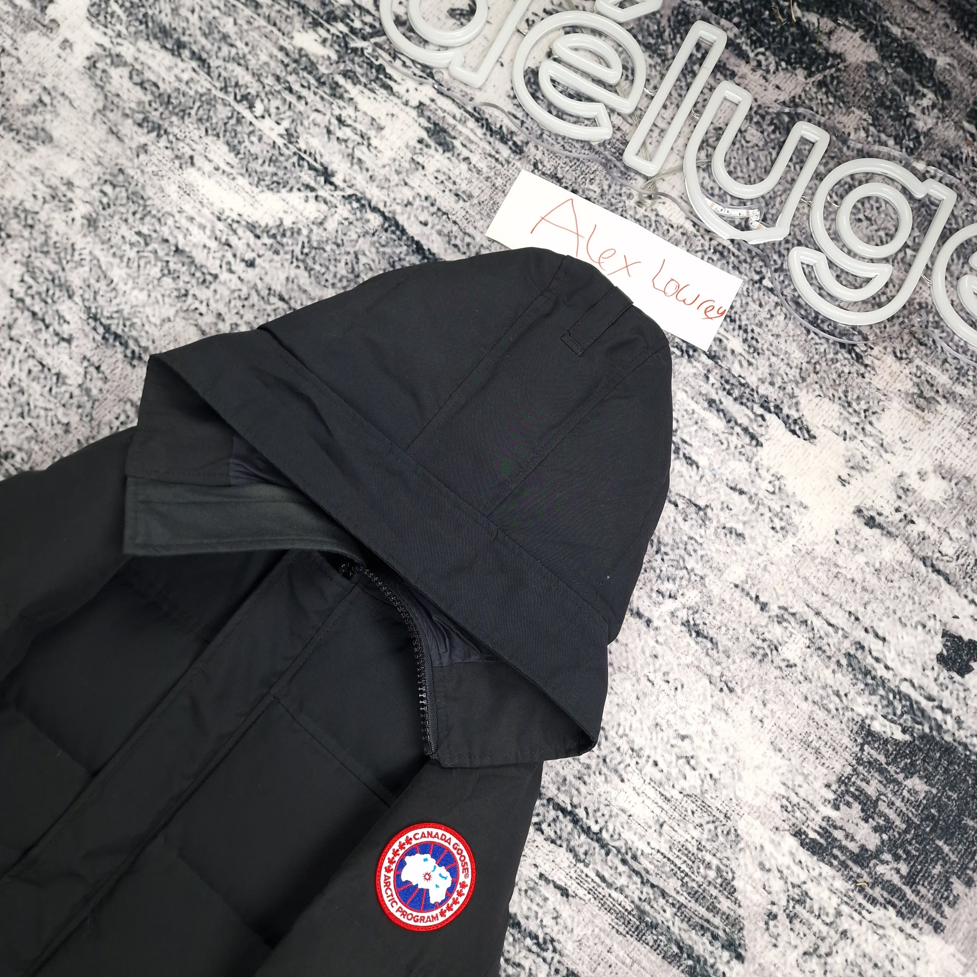 Men's Canada Goose Macmillan Parka in black, size small, style 3804MA, displaying front zipper closure and signature Arctic Program patch on left sleeve
