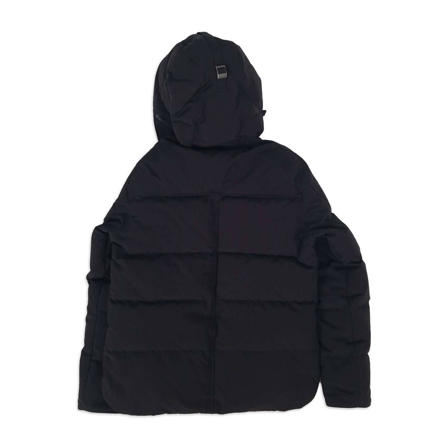 Back view of black Canada Goose Macmillan Parka 3804MA men's size large showing quilted down construction and hood