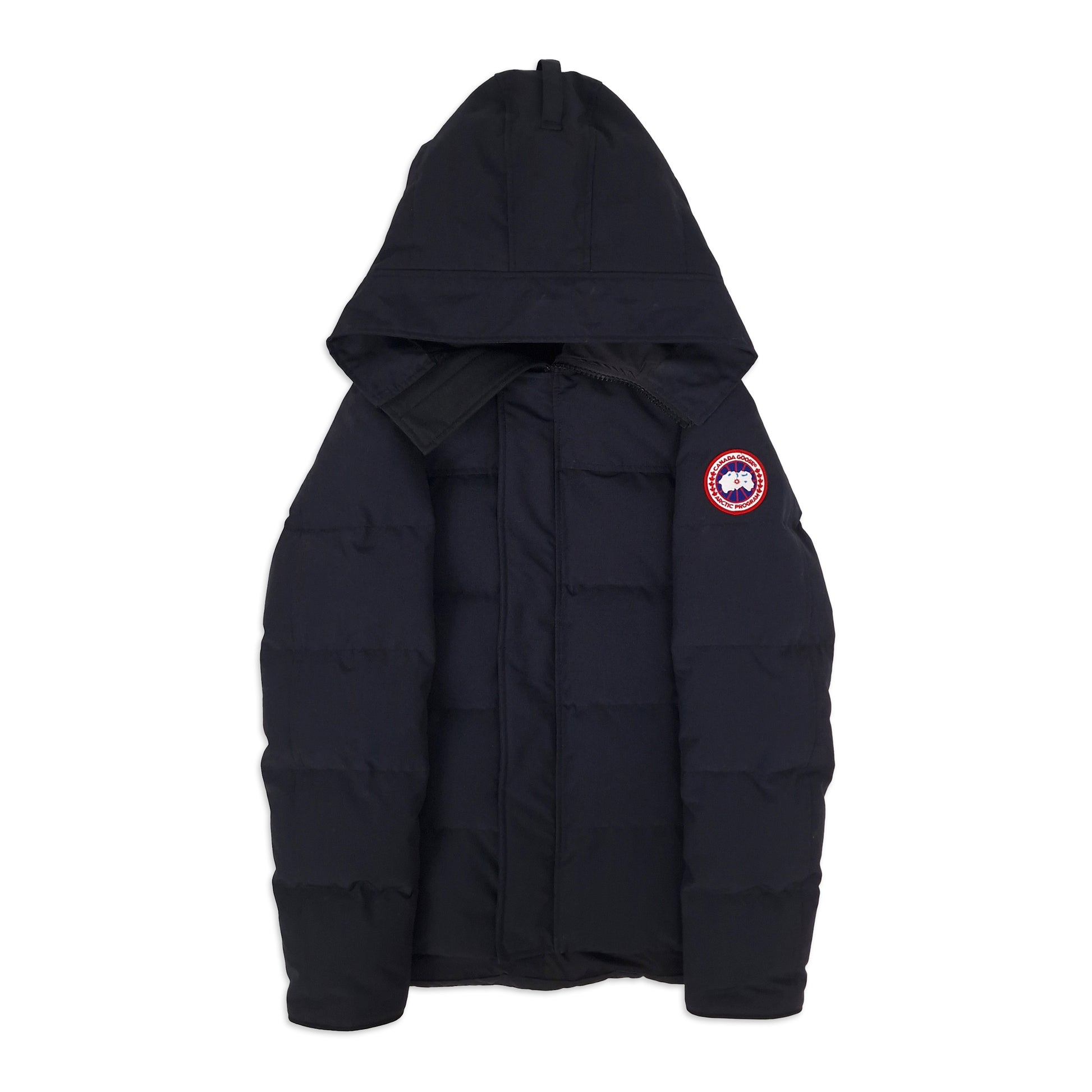 Front view of Canada Goose Macmillan Parka 3804M men's XS in navy featuring hood, Arctic disc badge, and premium design