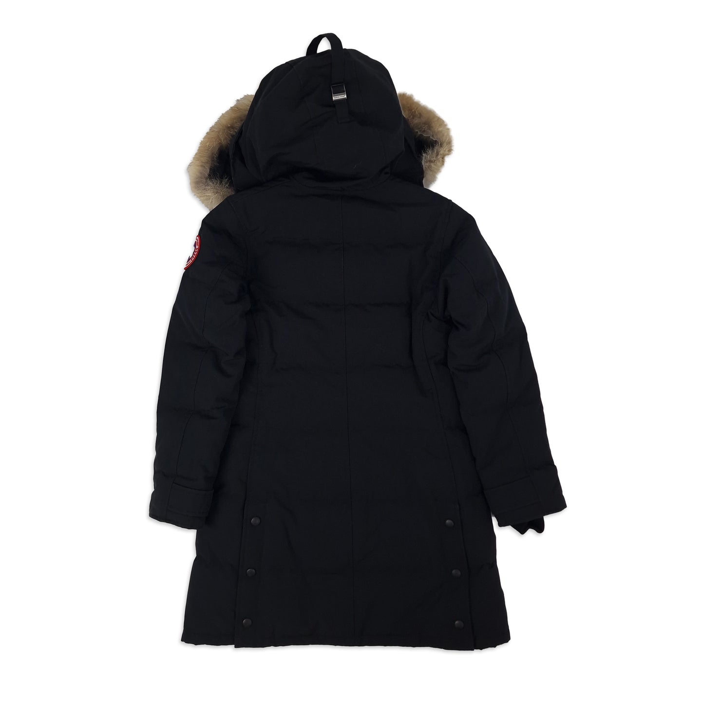 Back view of Heritage Black Canada Goose Shelburne Parka women's small showing coyote fur hood and knee-length silhouette