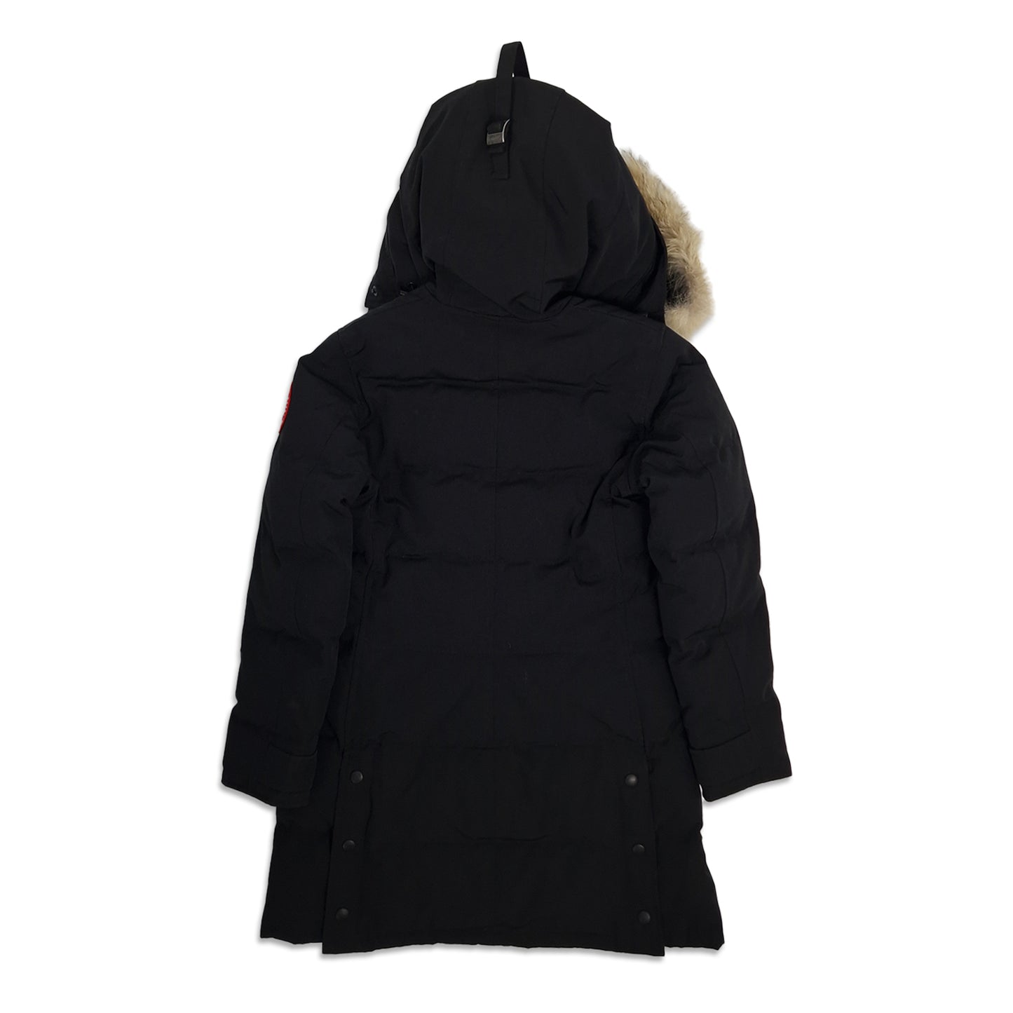 Back view of Canada Goose Shelburne Parka 3802L women's small in black showing fur-trimmed hood and elegant knee-length silhouette
