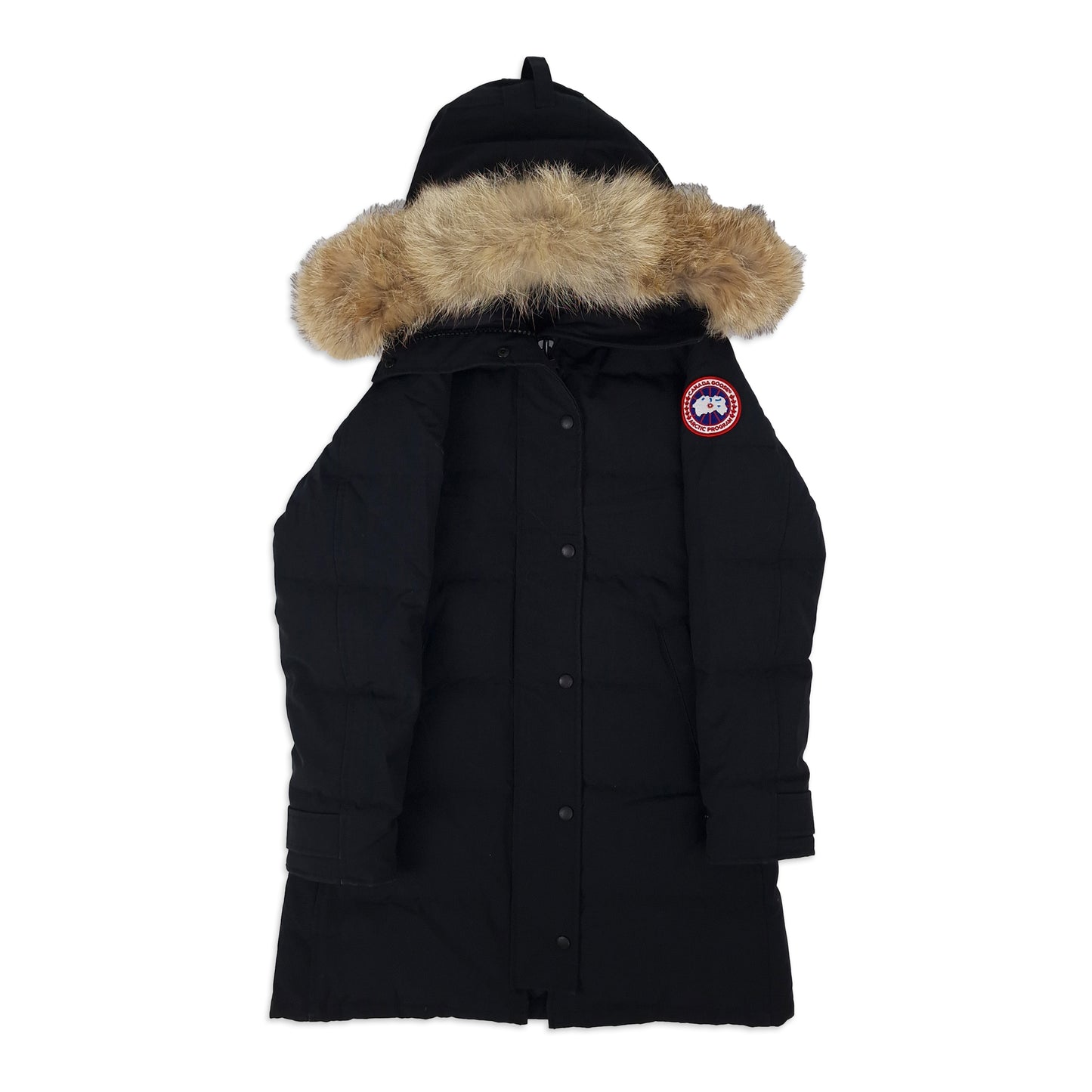 Front view of Canada Goose Shelburne Parka 3802LA women's small featuring fur hood, Arctic badge, and button closure