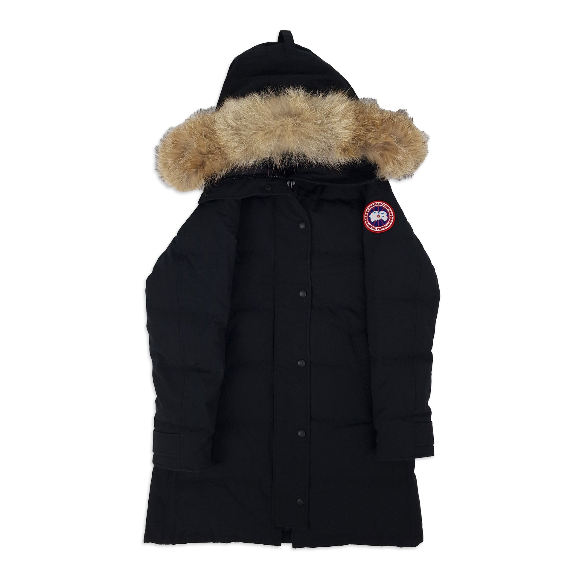 Front view of Canada Goose Shelburne Parka 3802LA women's small featuring fur hood, Arctic badge, and button closure