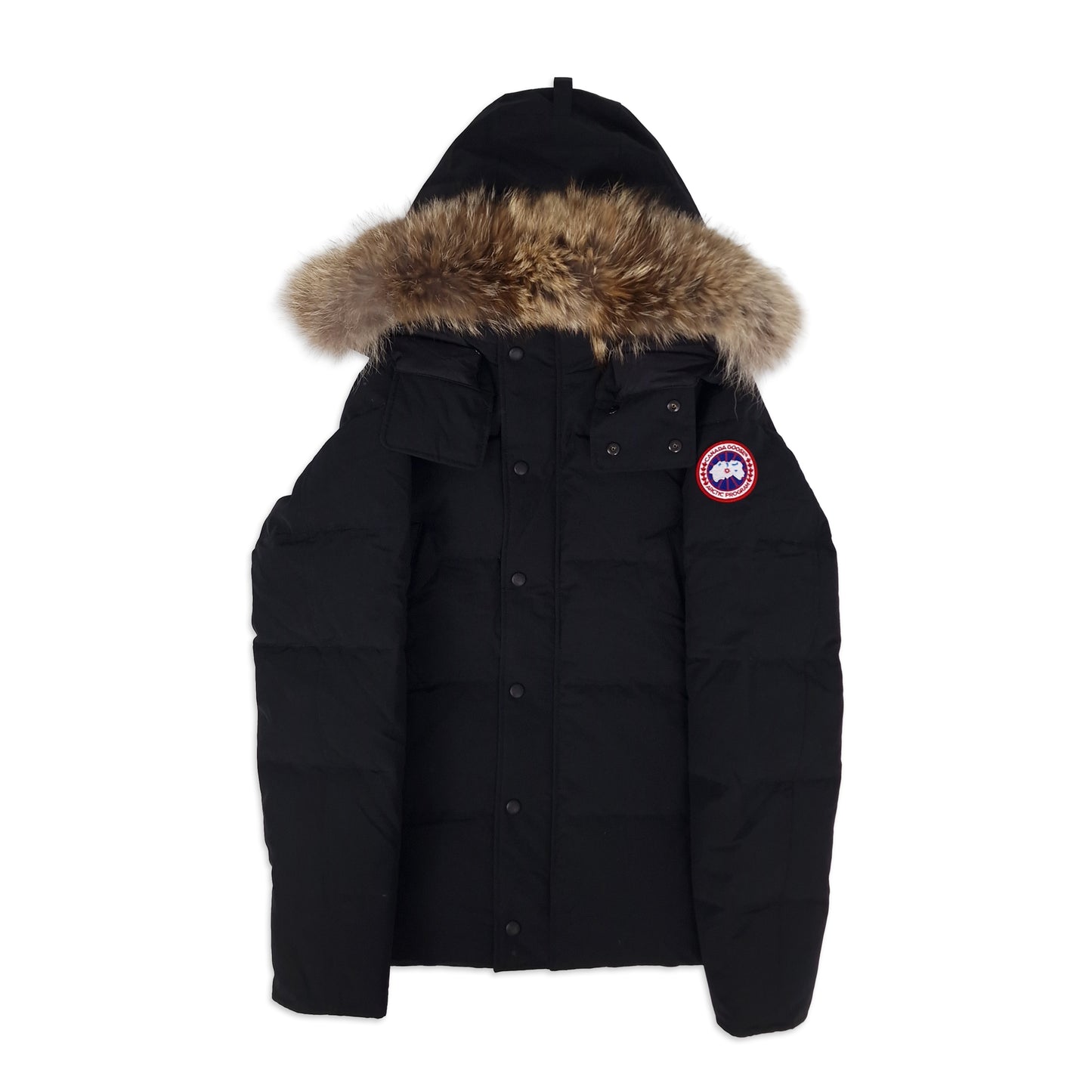 Front view of authentic Canada Goose Wyndham Heritage parka 3808MA with fur hood, men's large in black, featuring snap-button storm flap and pockets
