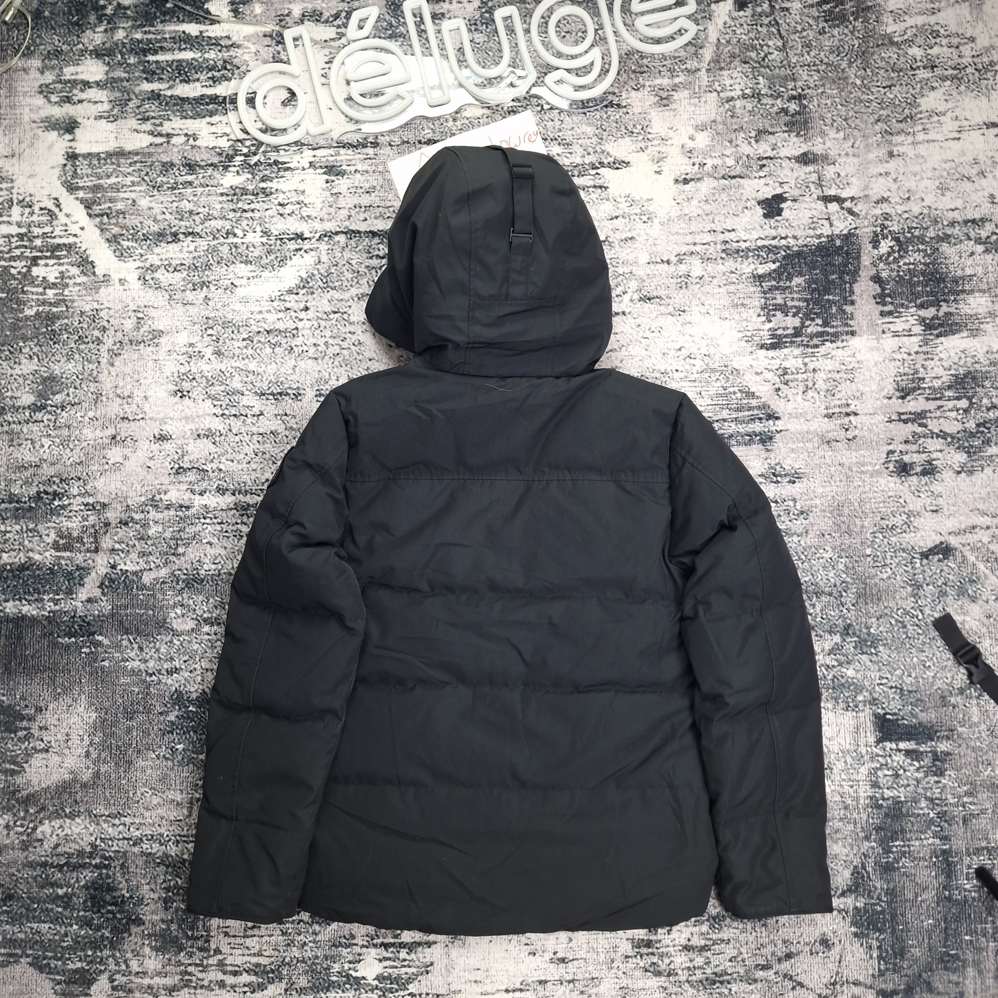 Back angle of Canada Goose Macmillan Black Label parka style 2080MB in black, size small for men, showing horizontal quilting pattern and premium construction
