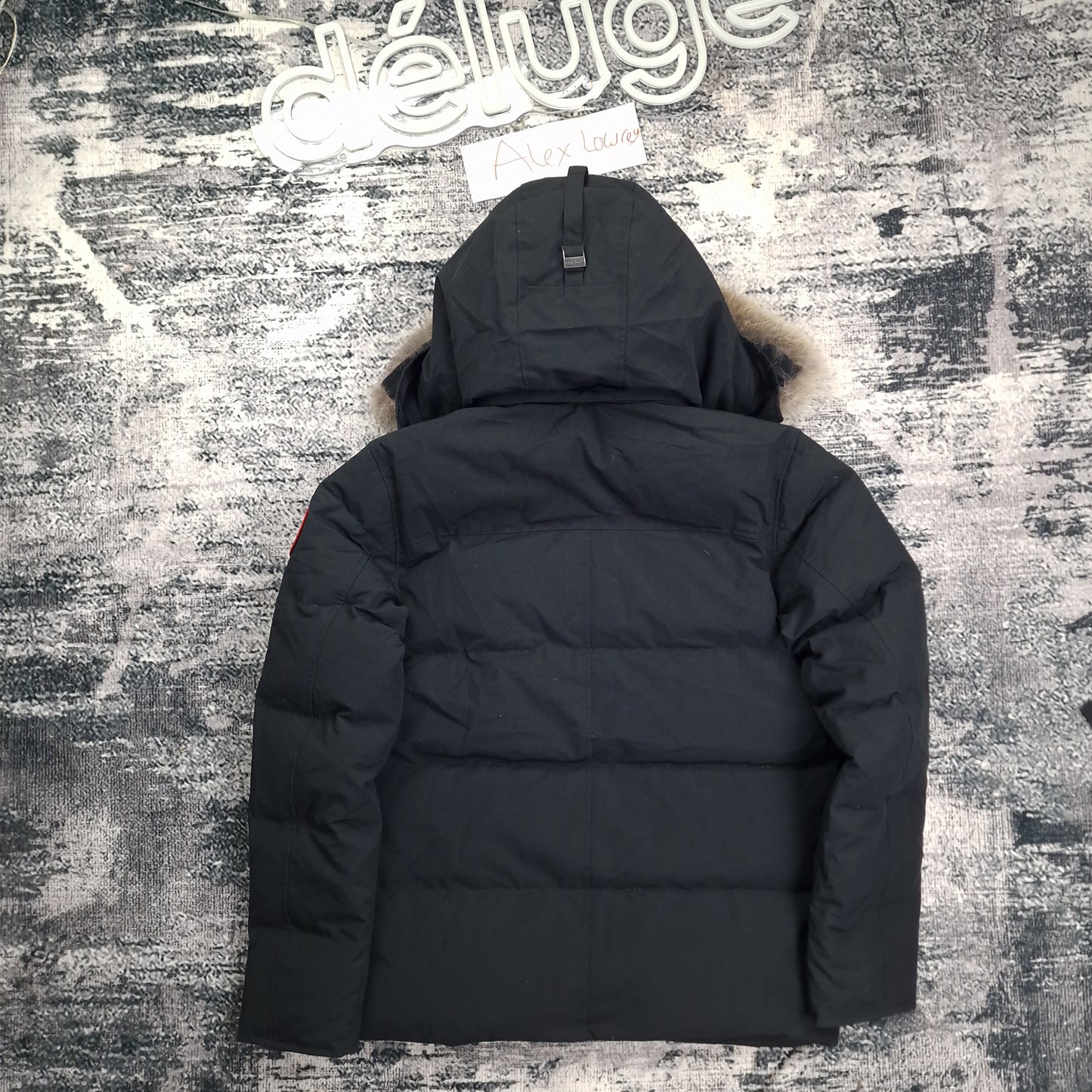 Back view of Canada Goose Wyndham Heritage parka style 3808MA, size large in black, displaying quilted design and luxurious fur-trimmed hood