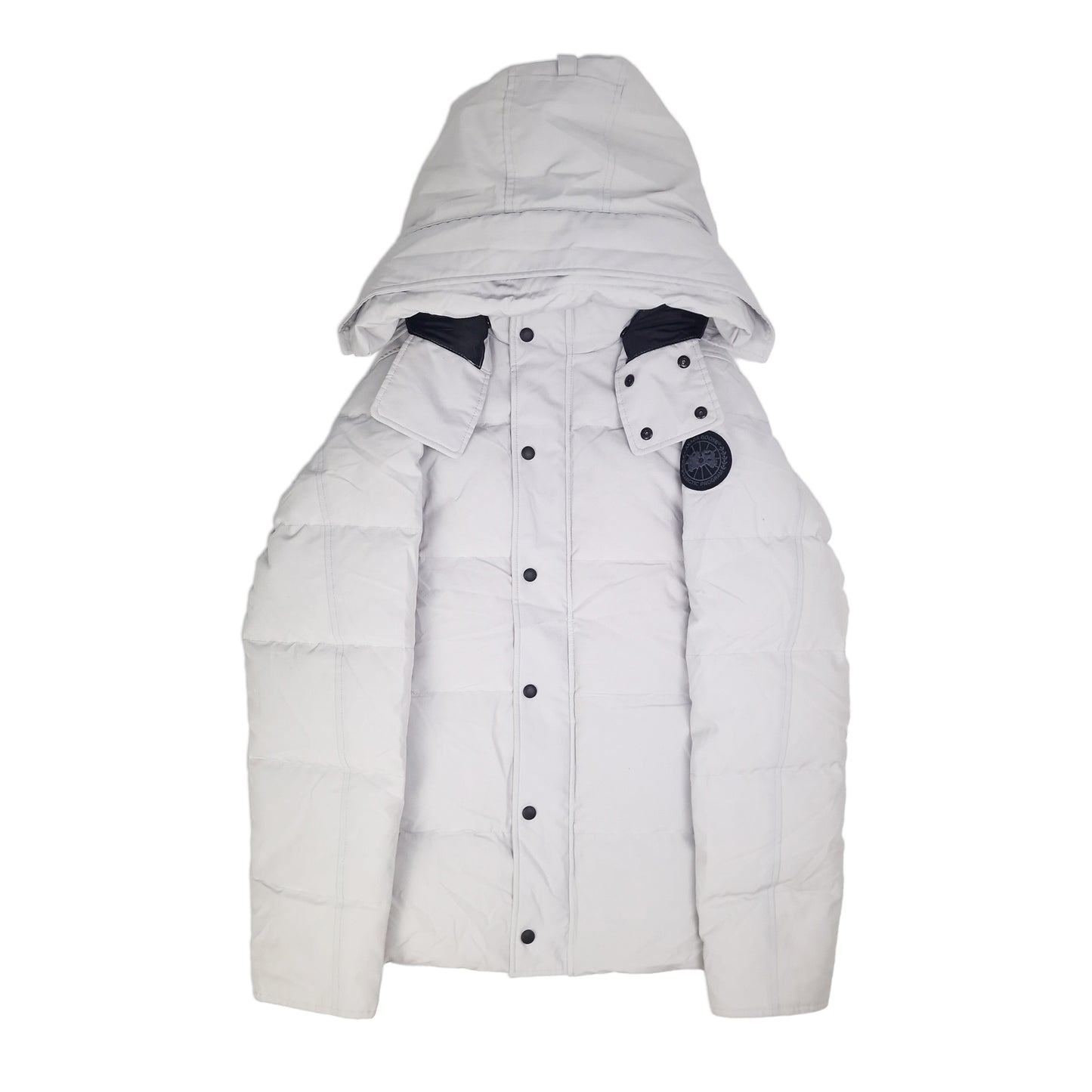Front view of men's Canada Goose Wyndham Parka Black Label 3808MB size Medium in Silverbirch with coyote fur-trimmed hood, displayed on white background