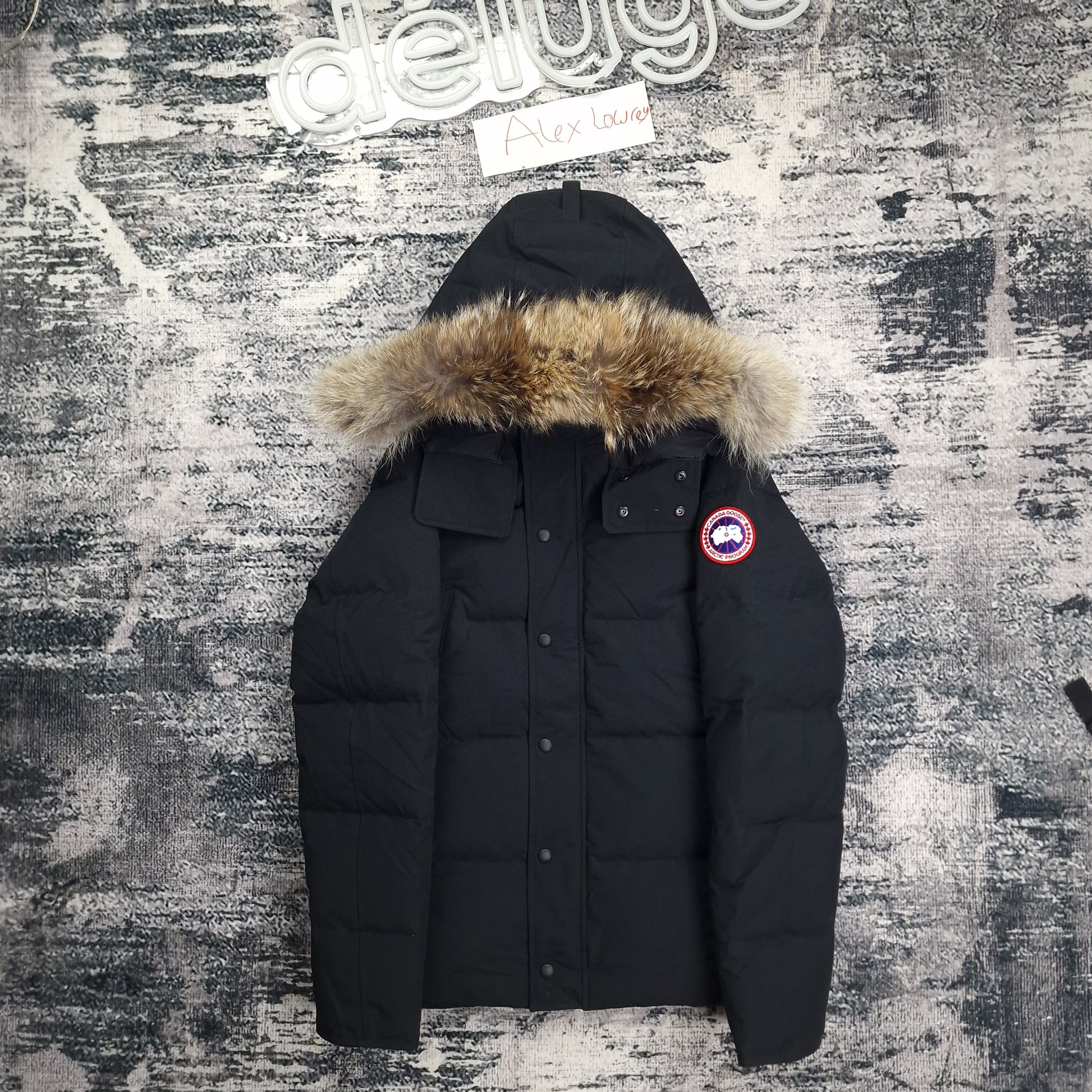 Front facing Canada Goose Wyndham Heritage parka style 3808MA, men's large in black, with hood raised showing full fur ruff and weather protection features