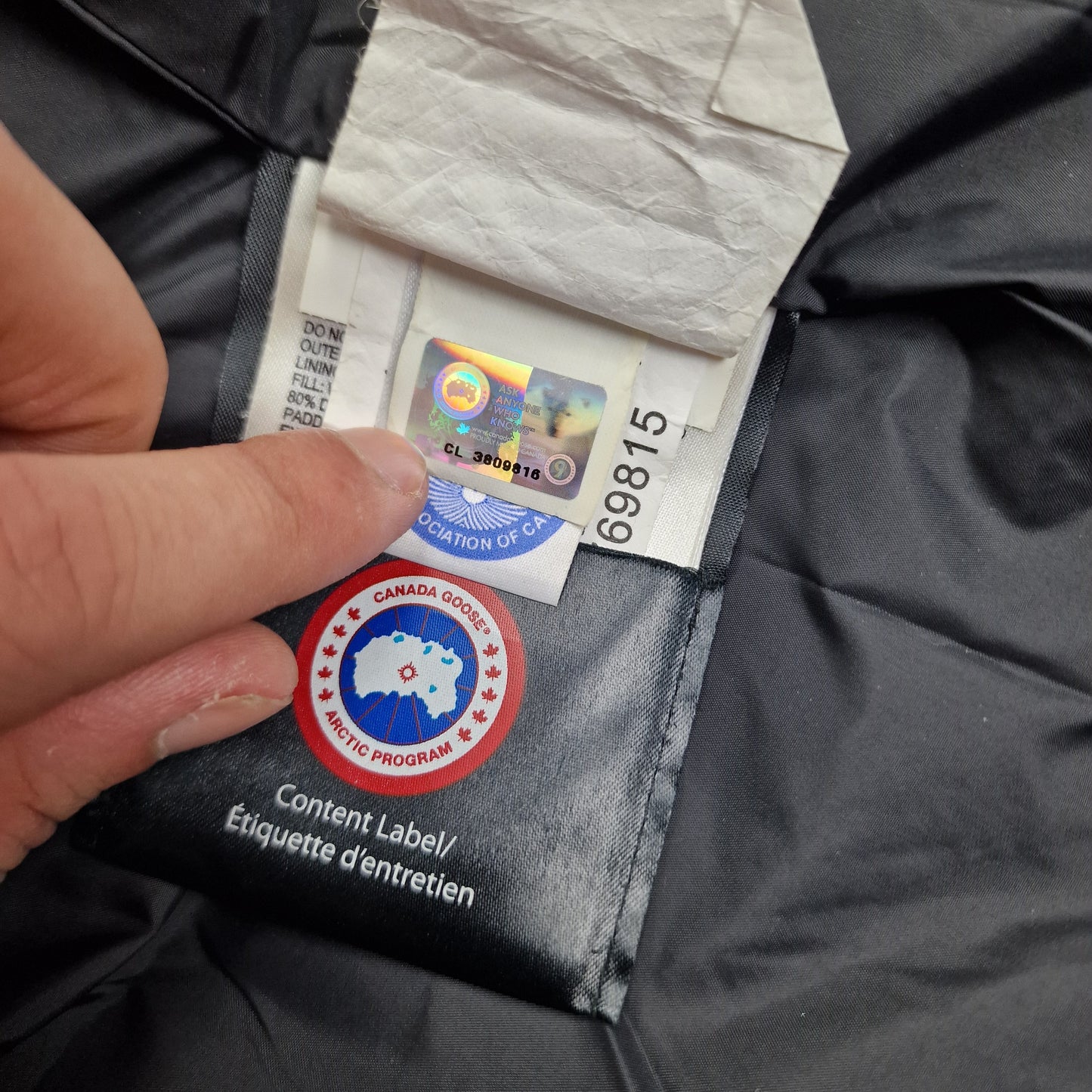 Canada Goose Authenticity Hologram Tag Close-Up on Carson Parka