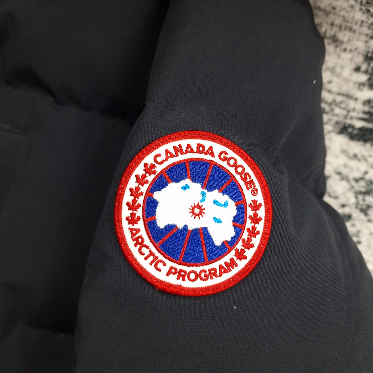 Canada Goose Badge Close-Up Detail on Carson Parka Navy Men's