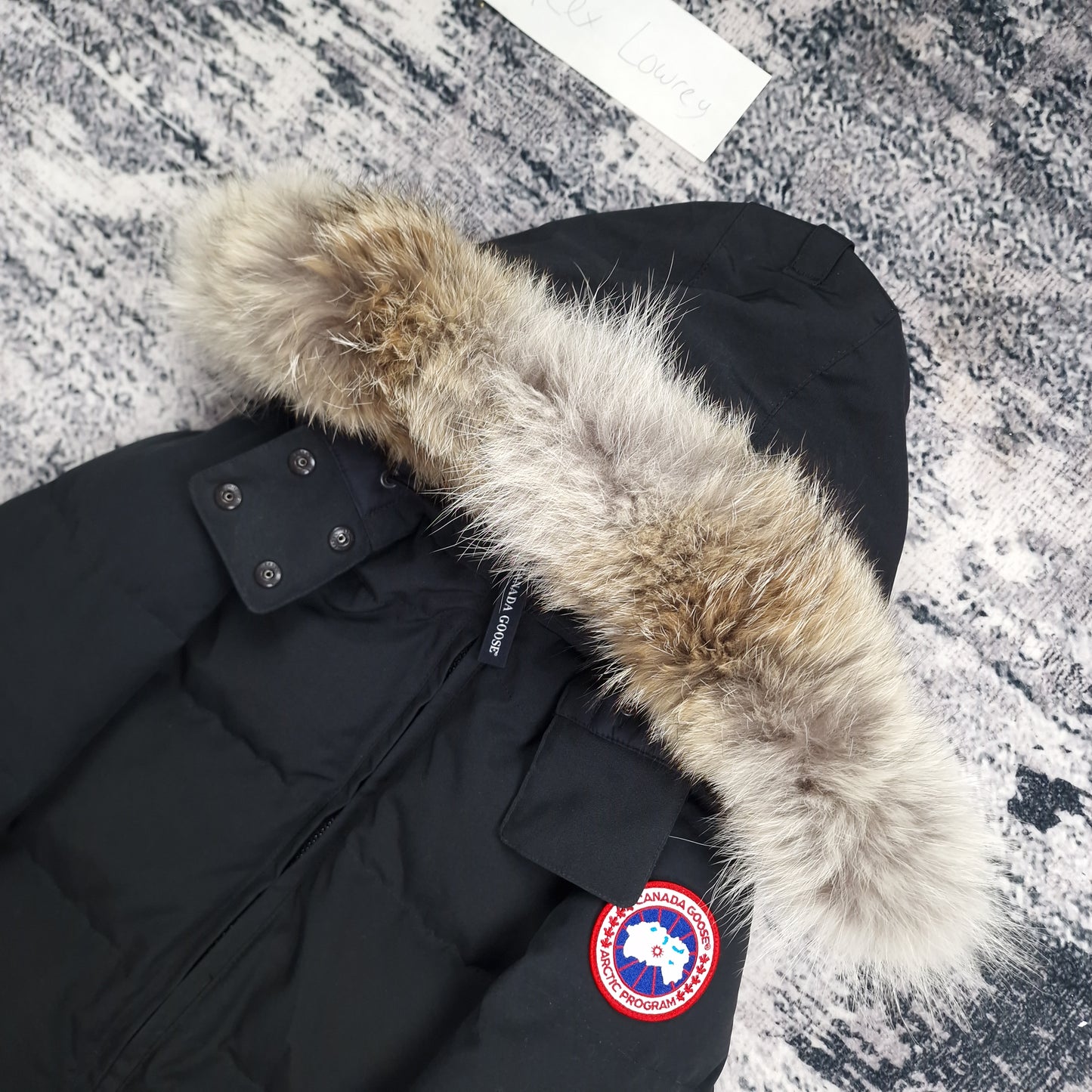 Canada Goose Chelsea Parka Black Women's Side View Showing Fur Hood and Badge Detail