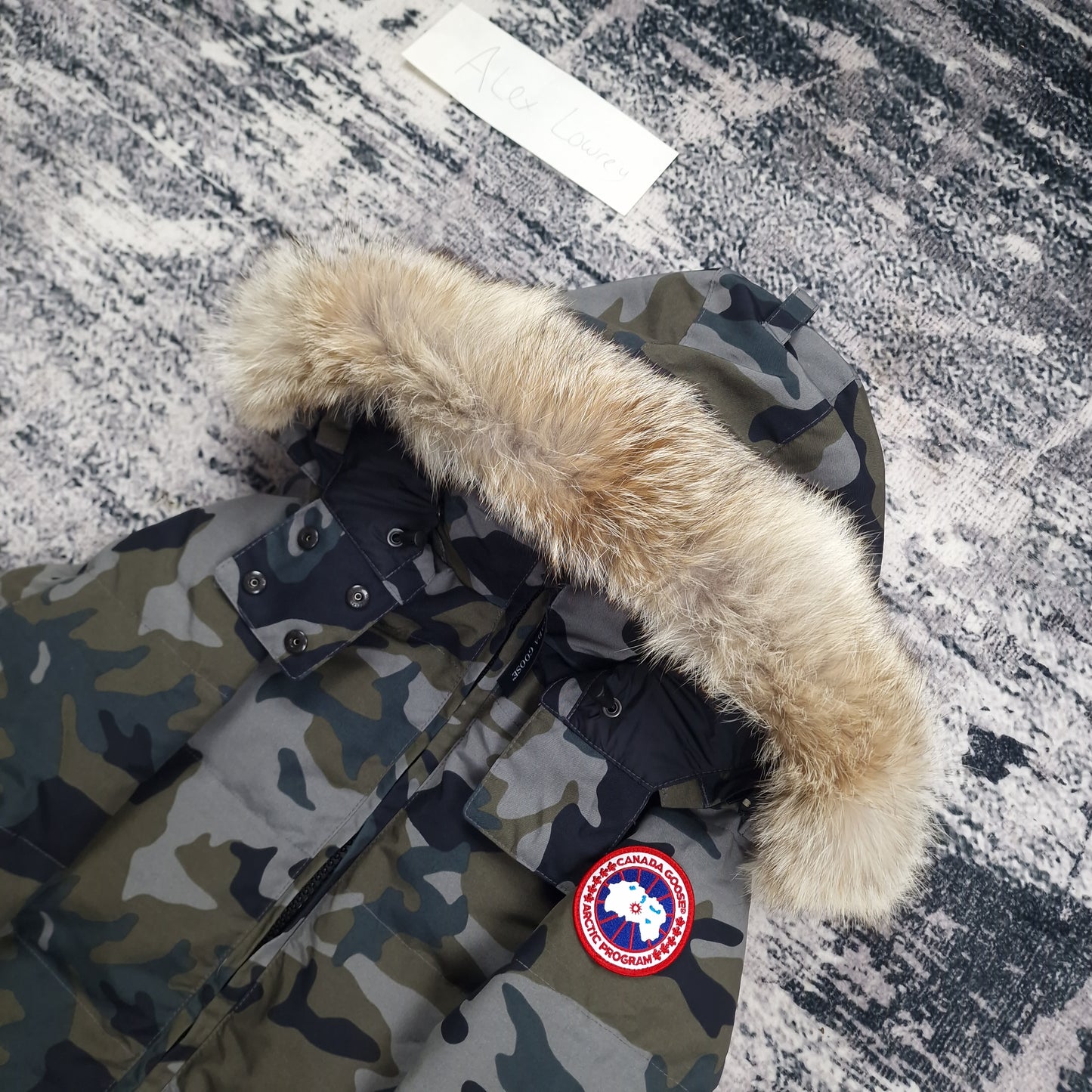 Canada Goose Chelsea Parka Heritage Classic Camo Women's Side View Showing Fur Hood and Badge Detail