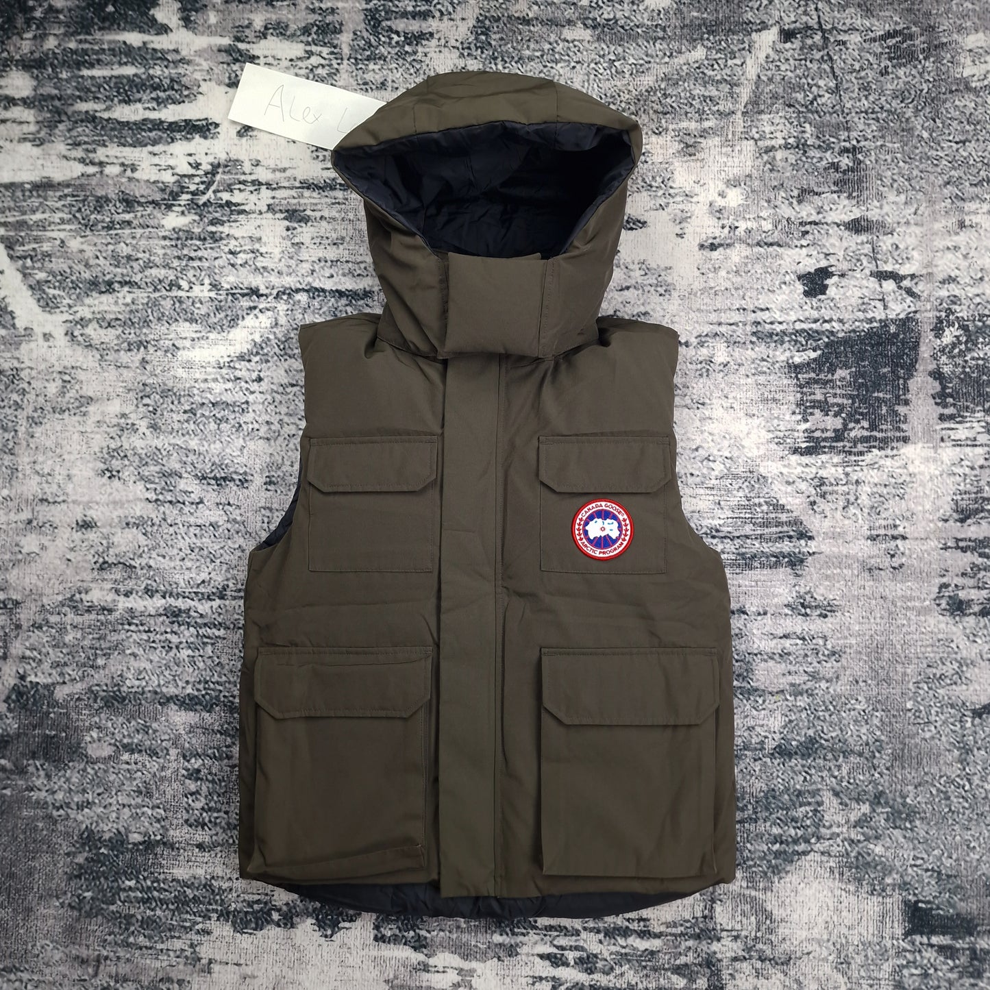 Canada Goose Hudson Vest Earth Green Men's Size Medium Front View with Styled Hood