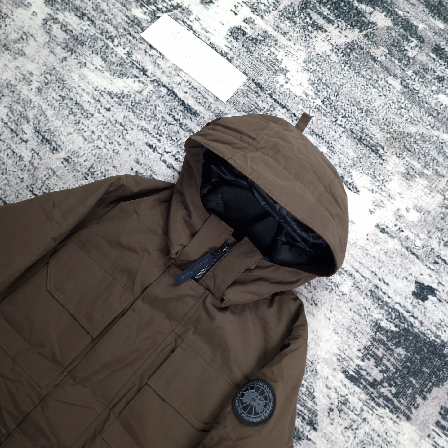 Canada Goose Maitland Parka Black Label Grizzly Brown Men's Side View Showing Hood and Badge Detail