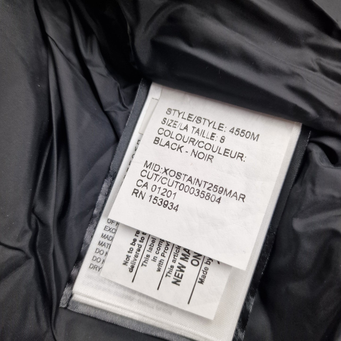 Canada Goose Maitland Parka White Wash Tag Close-Up with Size Color and Style Code Details