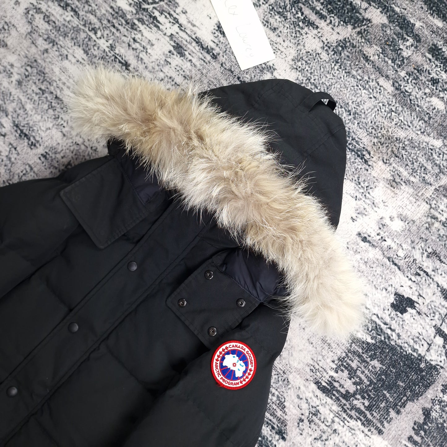 Canada Goose Wyndham Parka Black Men's Side View Showing Fur Hood and Badge Detail