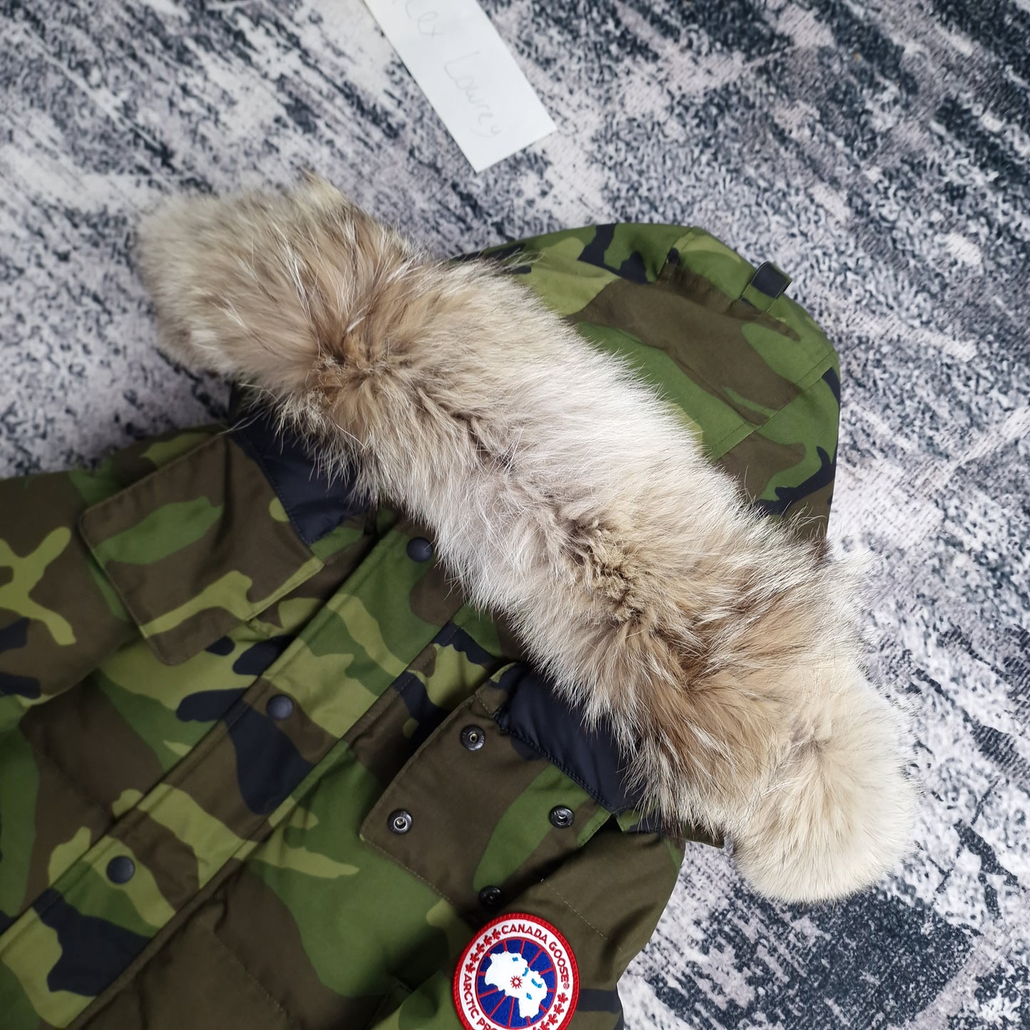Canada Goose Wyndham Parka Heritage Camo Men's Side View Showing Fur Hood and Badge Detail