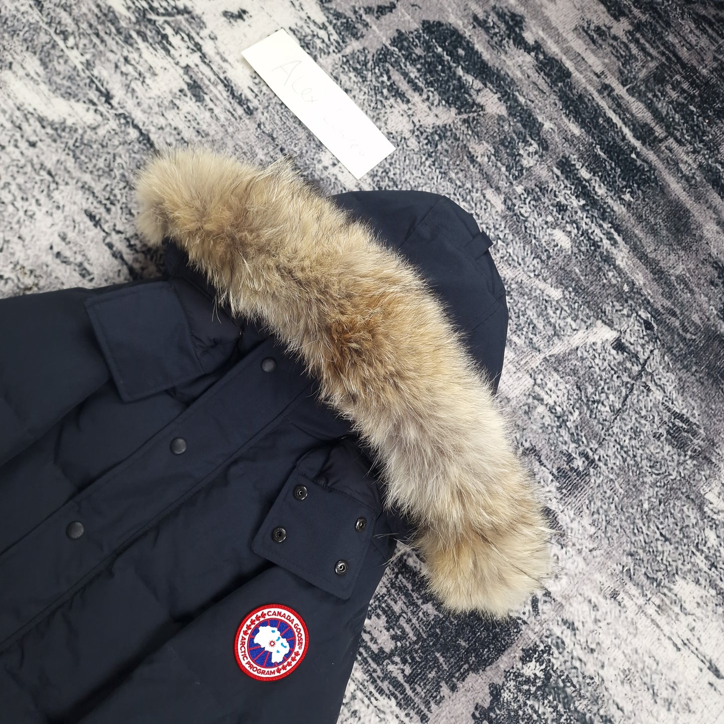 Canada Goose Wyndham Parka Heritage Navy Men's Side View Showing Fur Hood and Badge Detail