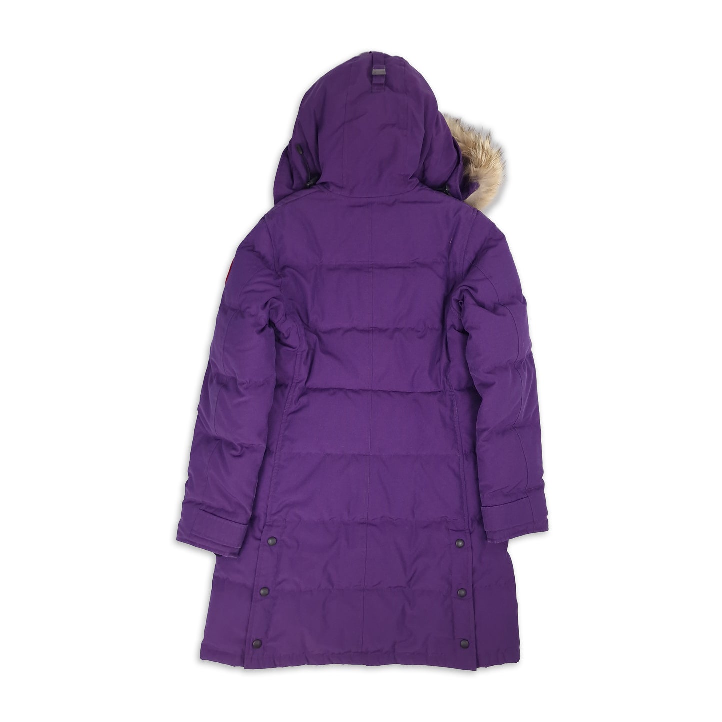 Back view of women's Canada Goose Shelburne Parka 3802L in rare Purple Arctic Disk colorway showing signature Arctic Program patch and tailored silhouette, displayed on white background
