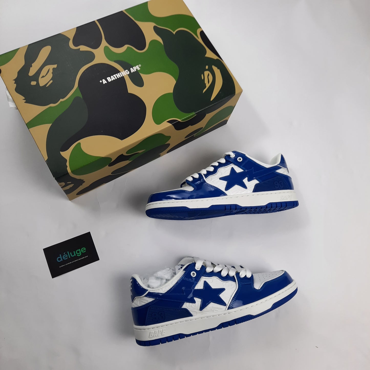 A Bathing Ape Bapesta sneakers in blue and white colorway with camo box, UK size 8 Japanese streetwear shoes