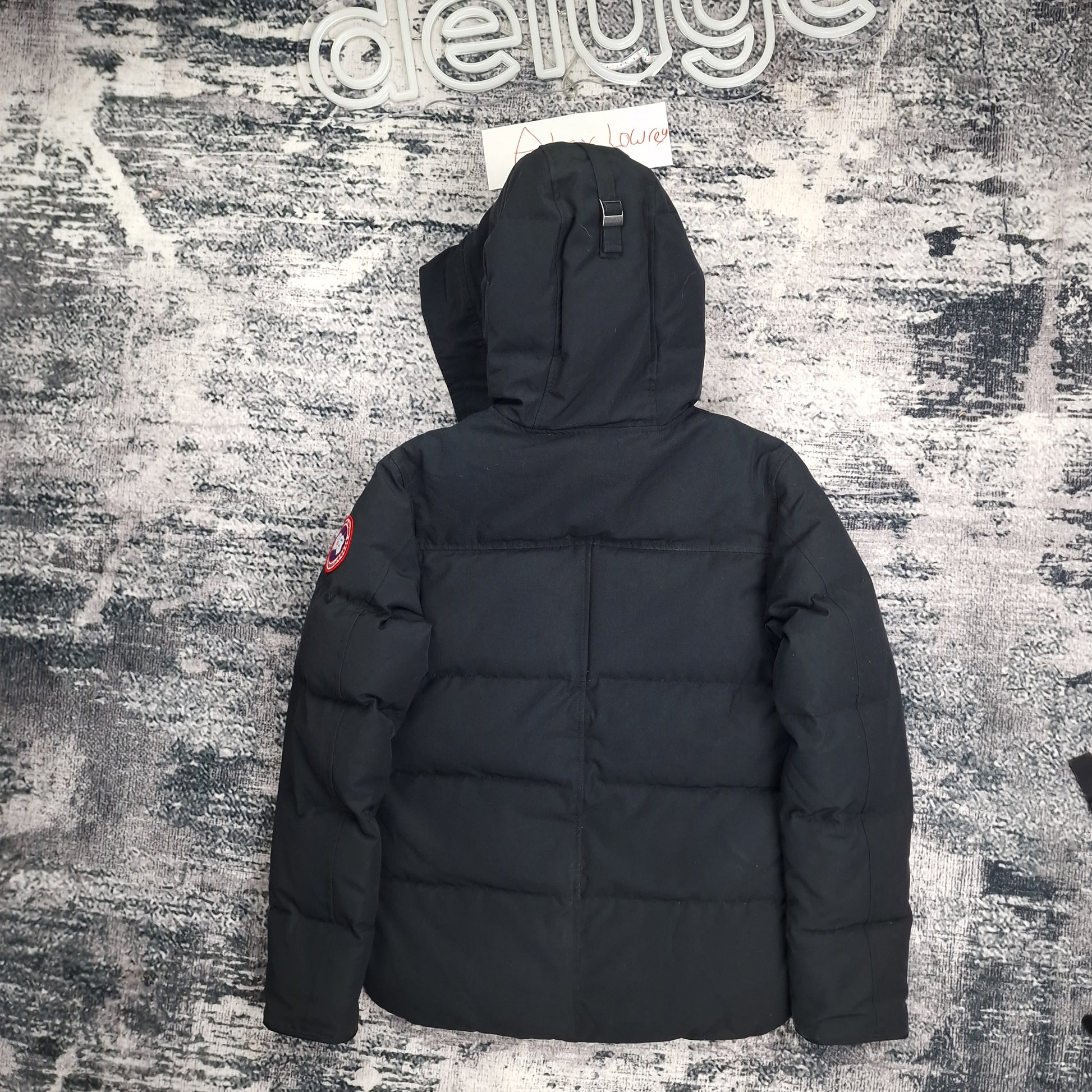 Back view of authentic Canada Goose Macmillan Parka 3804MA in black, size small for men, showing quilted down-filled design and adjustable hood