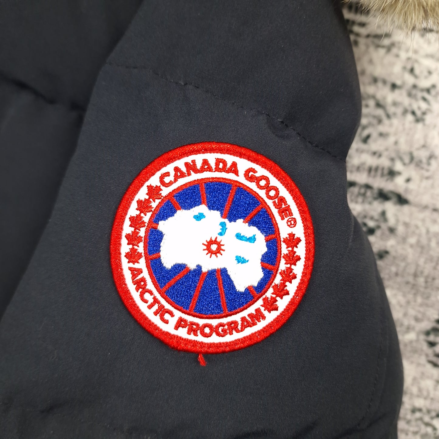 Close-up of authentic Canada Goose Arctic Program badge on Carson Parka 3805MA, navy colorway Small, showing iconic logo patch detail on men's luxury winter jacket