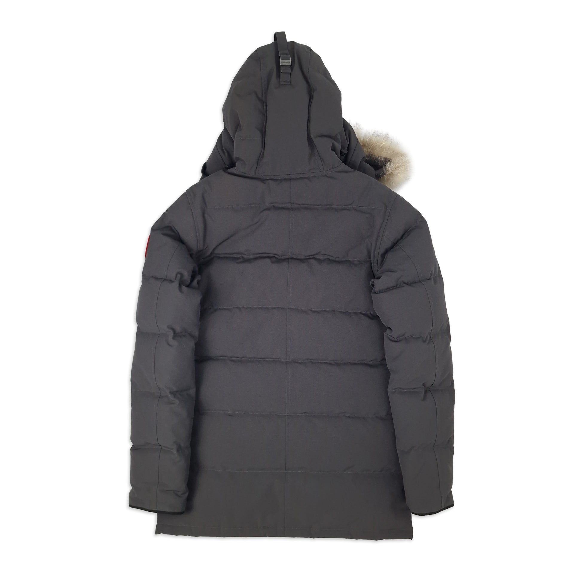 Back view of men's Canada Goose Carson Parka 3805M Small in Graphite grey showing signature Arctic Program patch and hip-length cut, displayed on white background