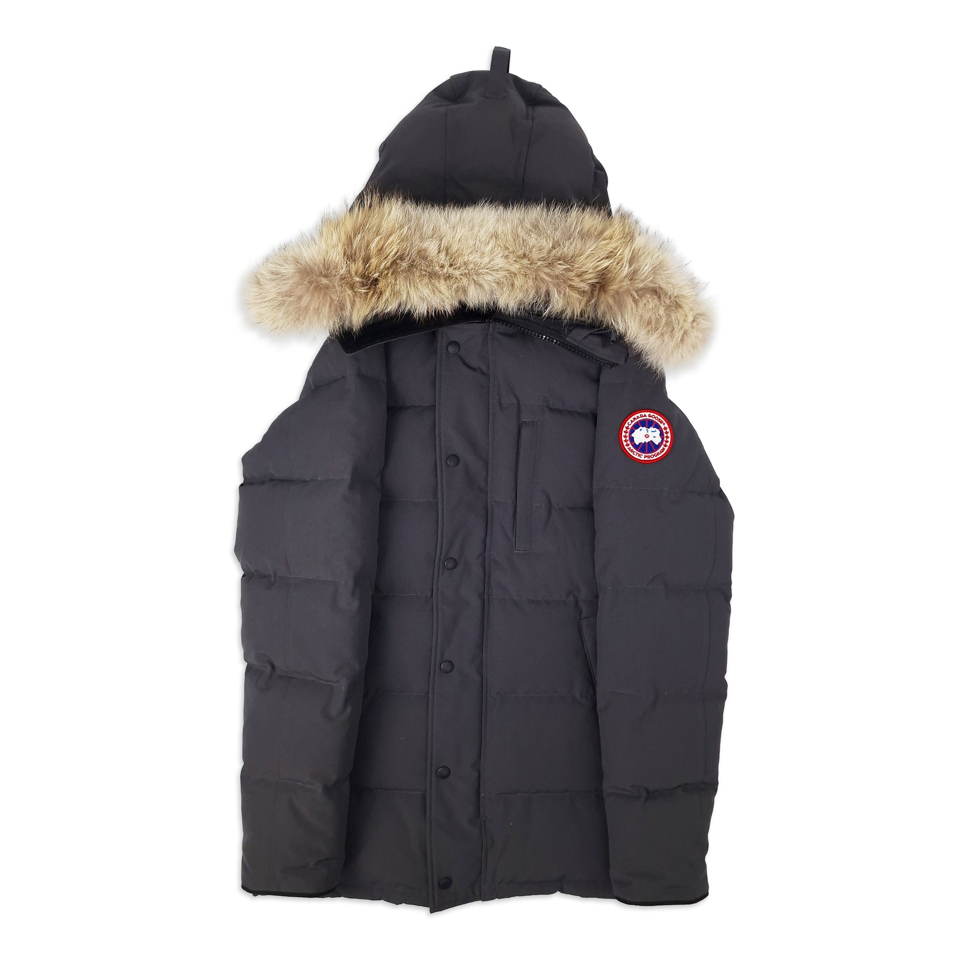 Front view of men's Canada Goose Carson Parka 3805M size Small in Graphite grey with coyote fur-trimmed hood, displayed on white background